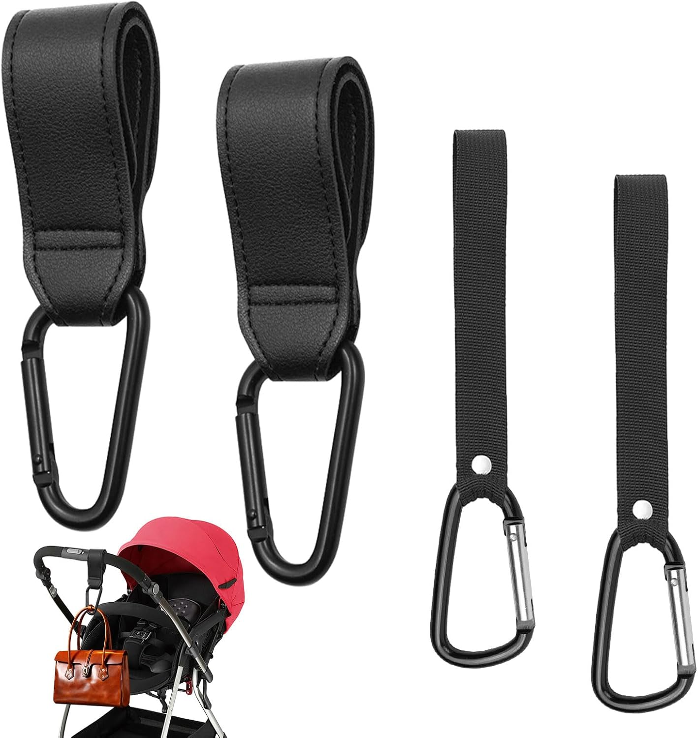 Pram Hooks, 4 PCS Pram Accessories, Baby Stroller Hook, 2 Leather Stroller Hooks + 2 Normal Loop - Hanging Straps, Multipurpose Hooks Pram Clips with Sturdy Carabiner and Strong Magic image number 1
