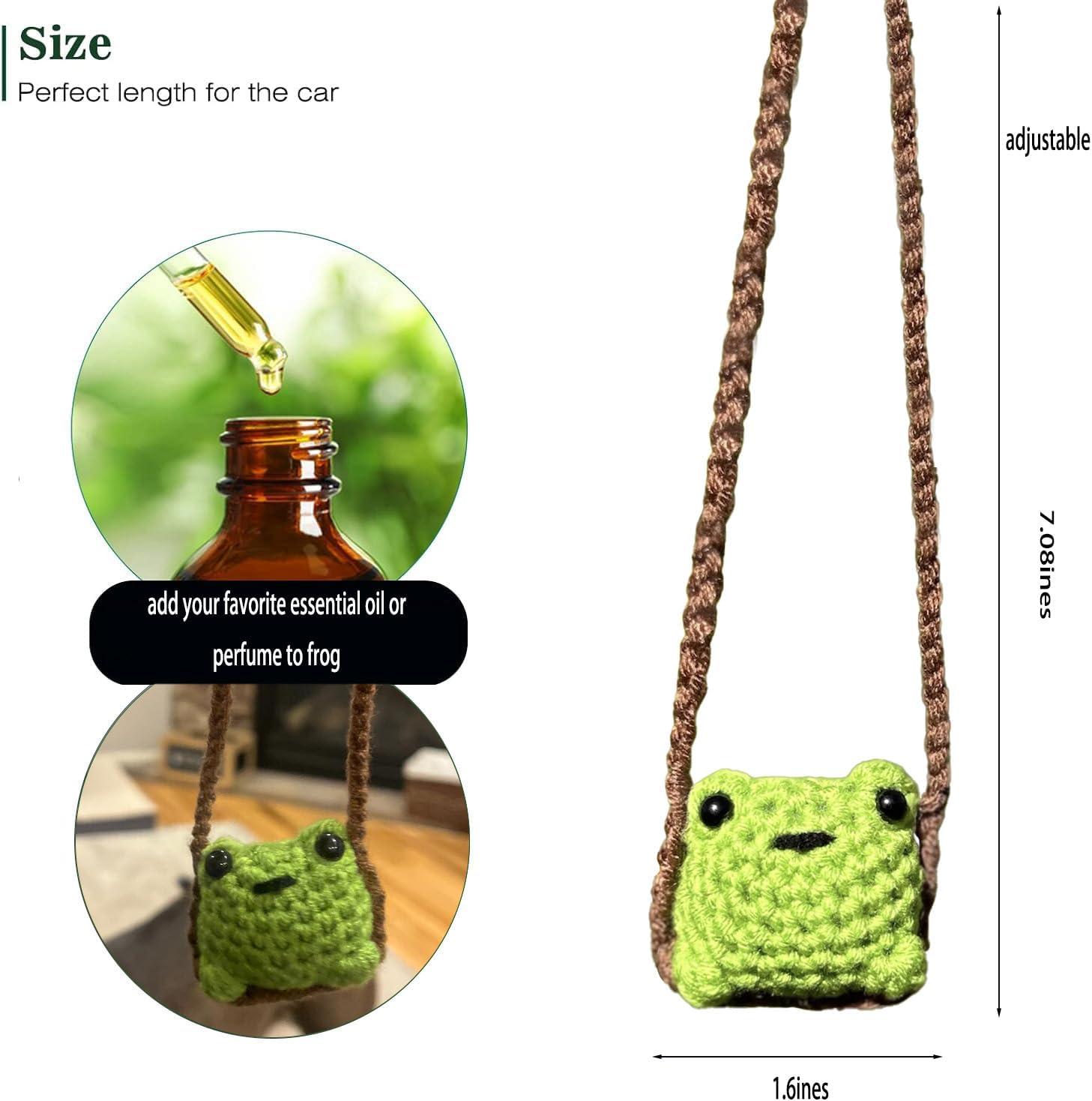 Cute Crochet Frog Car Decor,Car Hanging Accessories for Rear View Mirror,Boho Positive Animals Charm,Hand-Made Kitchen Office Ornament, Funny Interior Aesthetic Pendant for Women (Green) - Green image number 3