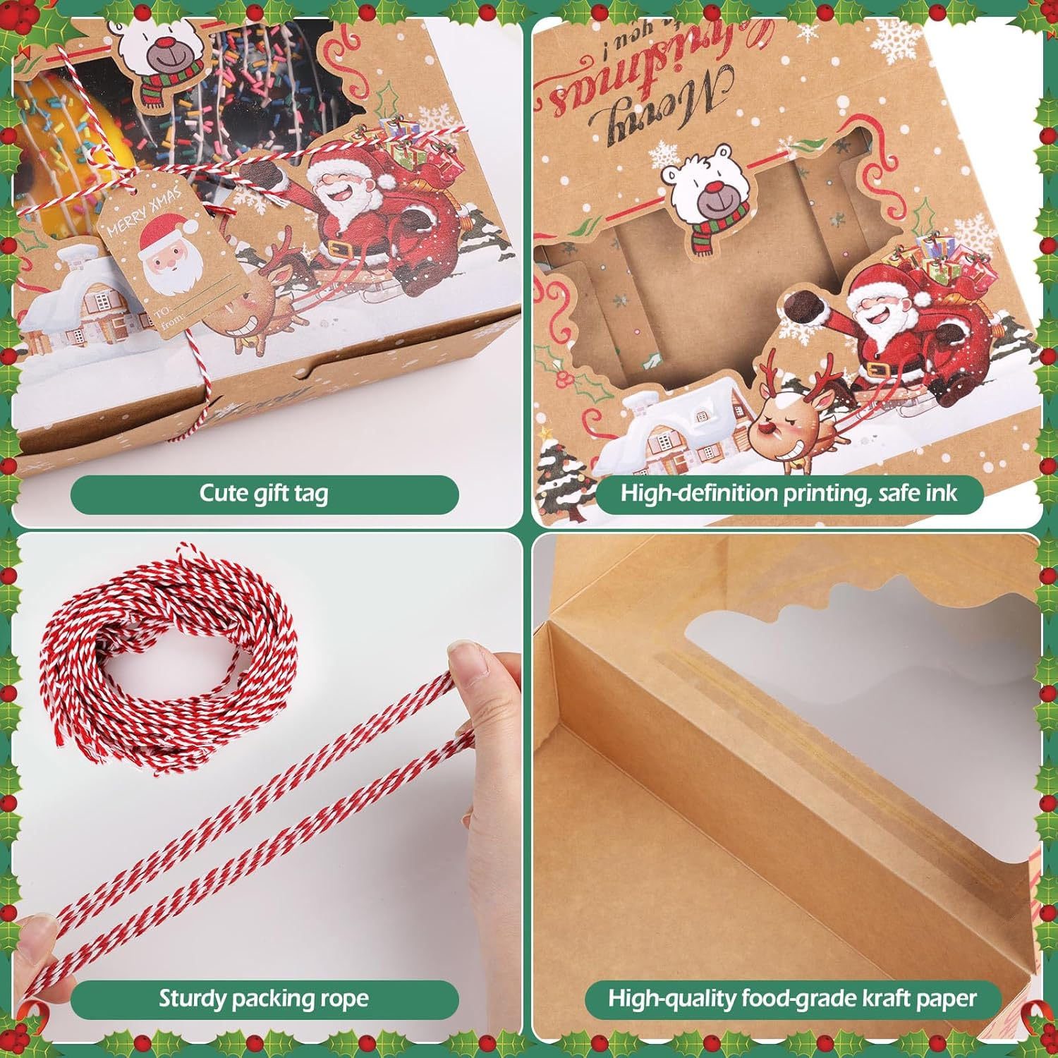 12Pcs Christmas Cookie Gift Box Treat Boxes, Large Rectangle Christmas Kraft Paper Food Container for Gift Wrapping Supplies, Cute Santa Small Christmas Box