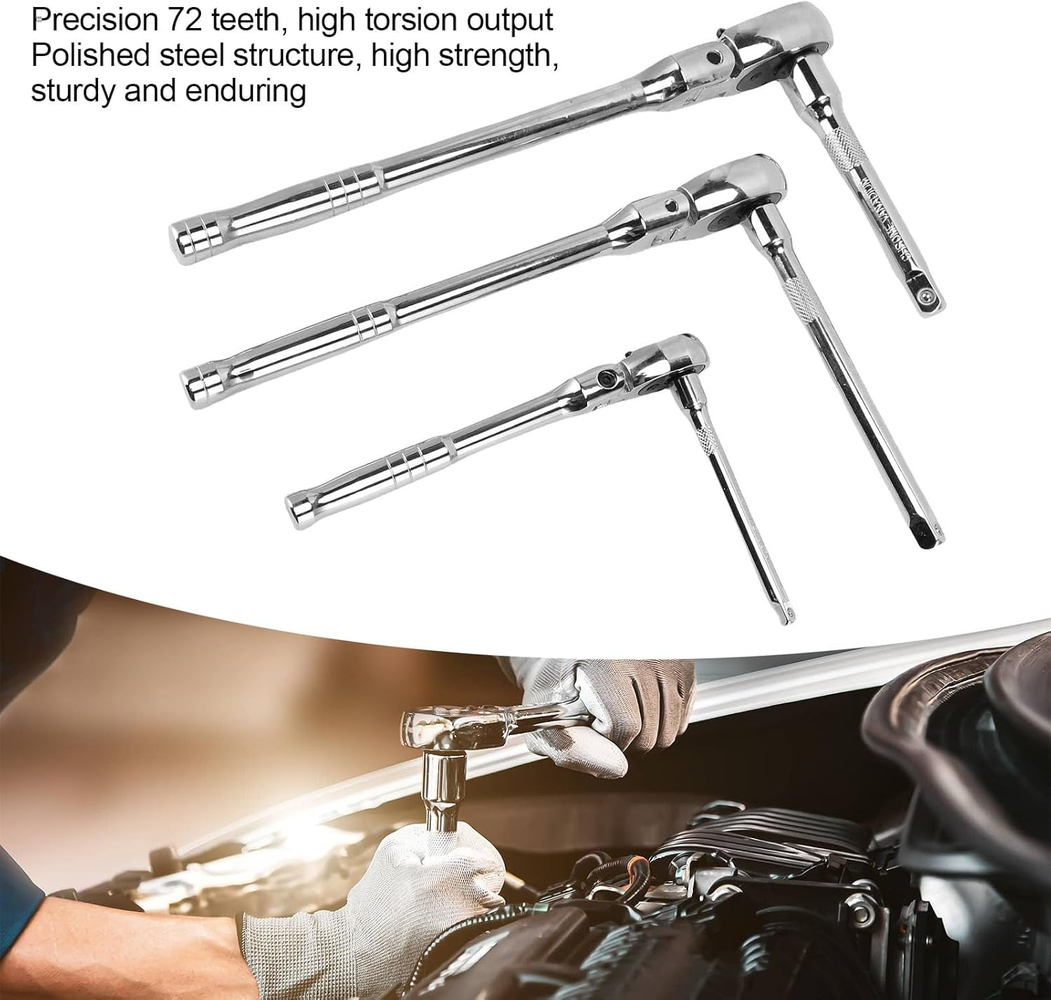 Jiawu 6-Piece Flex Head Ratchet Set, 1/4", 3/8", 1/2" Drive, Swivel Head Ratchet Wrench with Extension Bar, 72 Tooth, 180&deg; Adjustable, Quick-Release, Flexible Ratchet Handle image number 1