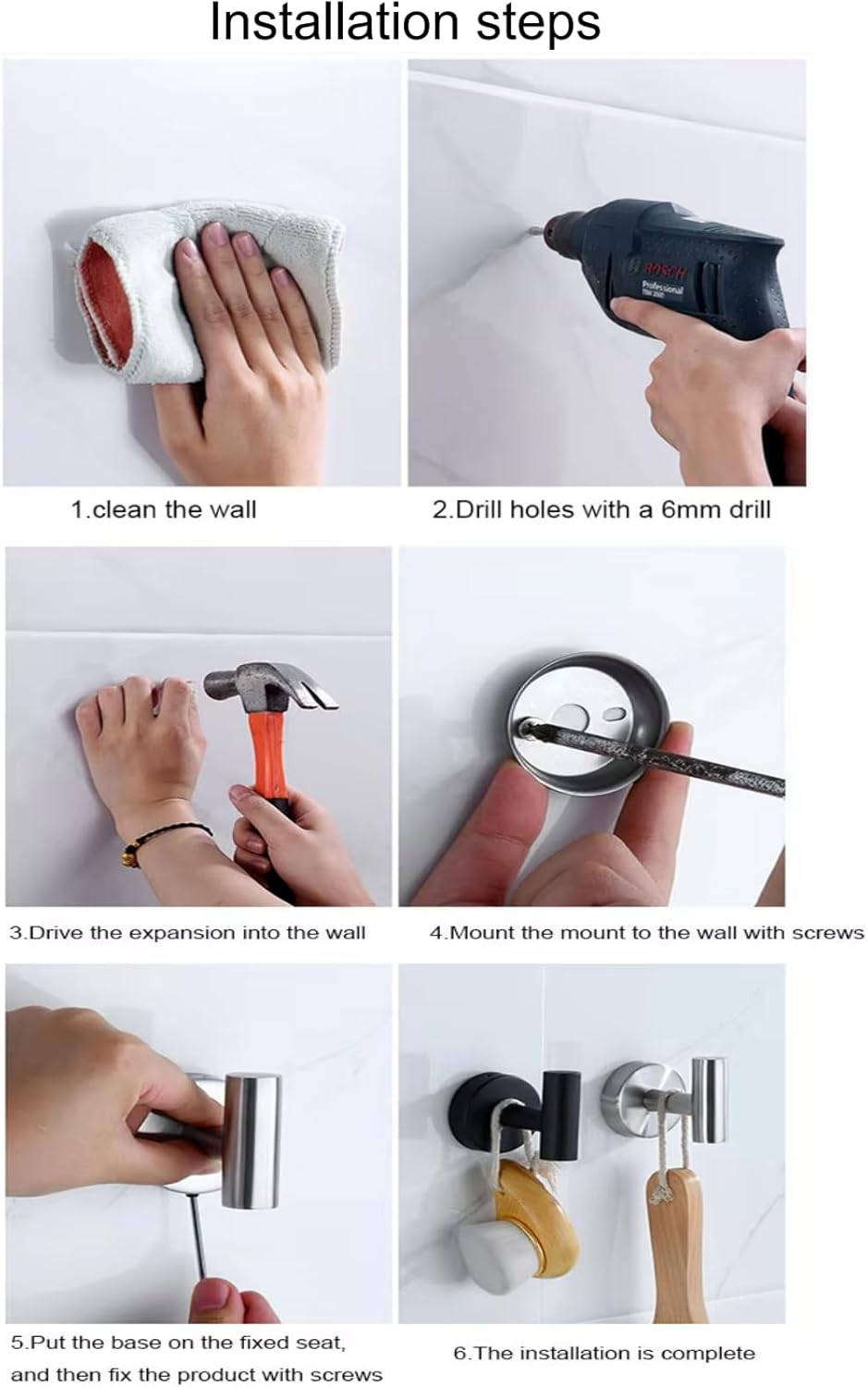 Bathroom Hardware Set 6-Piece - Towel Bar Toilet Paper Holder Wall Mounted 2 Towel Hooks 2 Adhesive Hooks - Stainless Steel Bathroom Accessories（Black）