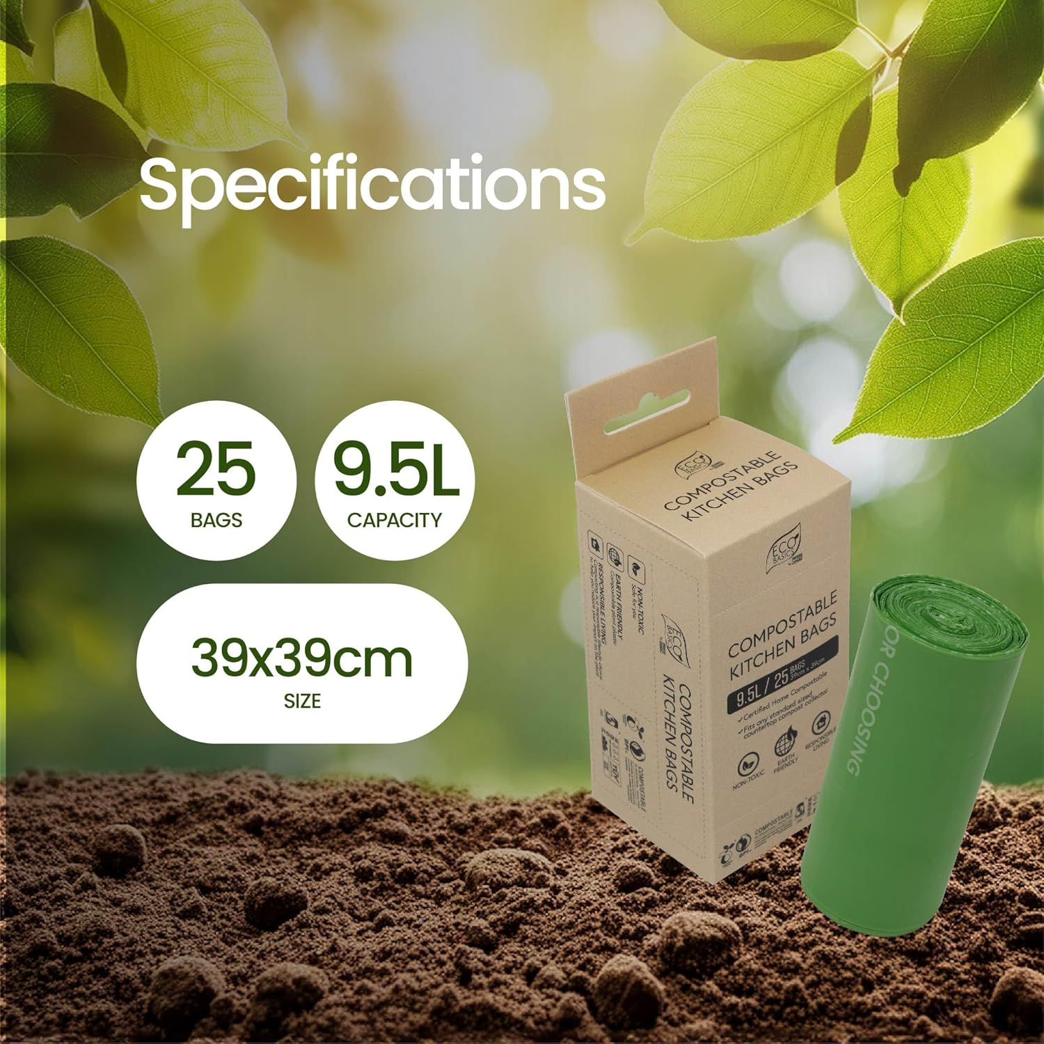 Eco Basics Compostable Kitchen Bags &ndash; 9.5L, 25 Bags (39X39Cm), Breathable Corn Starch Bags, Reduces Bacteria & Odor, Fits All Kitchen Scrap Bins image number 3