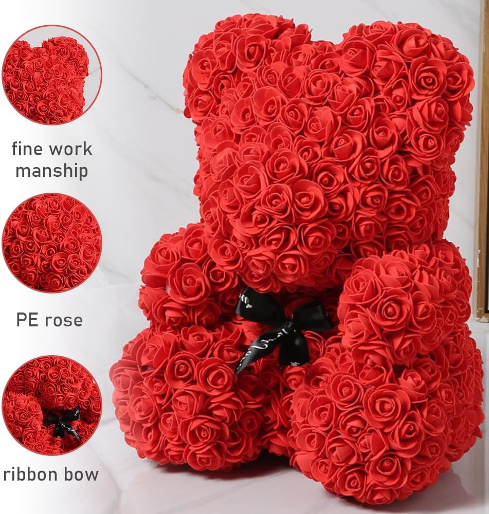 Flowers Rose Bear,Handmade Diype Flower Bears,Mothers Day for Mom Grandma on Mothers, Everlasting Flower for Window Display,For Mother'S Day,25X16X16 CM (Red) image number 5