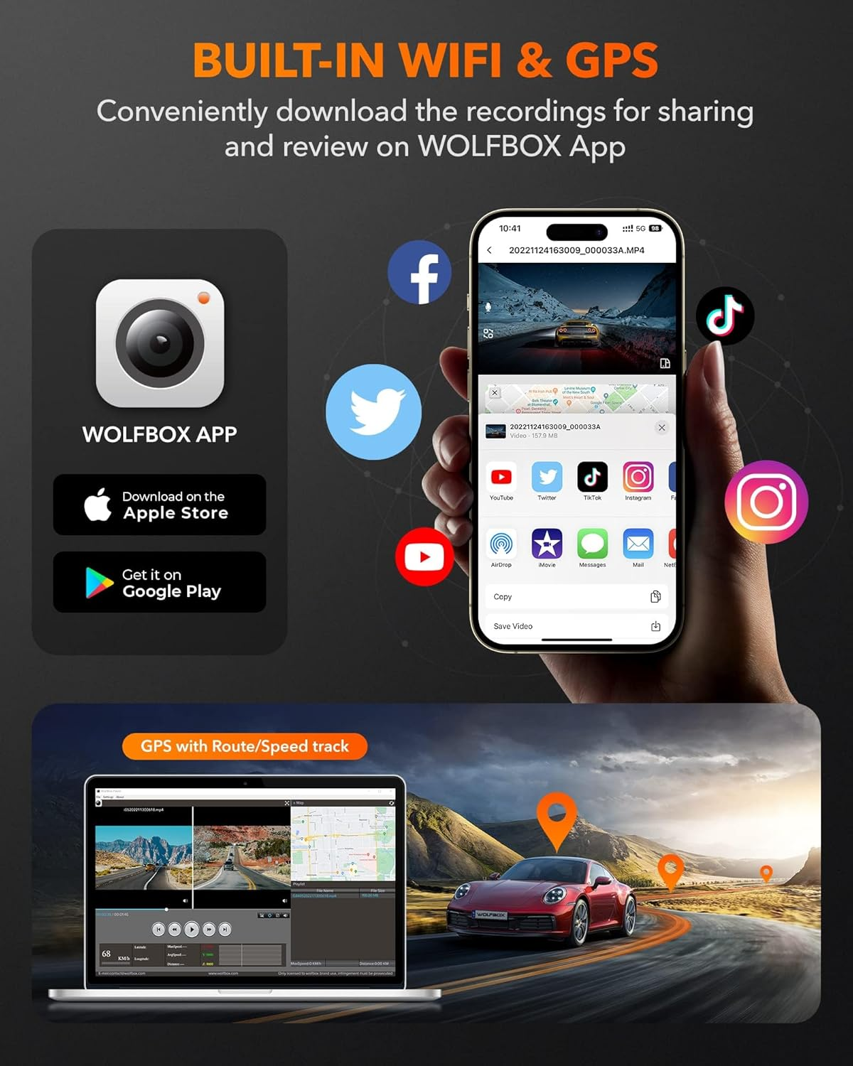 WOLFBOX G840H 12'' Mirror Dash Cam, with 2.5K Front Camera and 1080P Rear Camera, Wifi-Enabled Mirror Dash Cam Front and Rear, Includes a 32GB Card & GPS image number 4