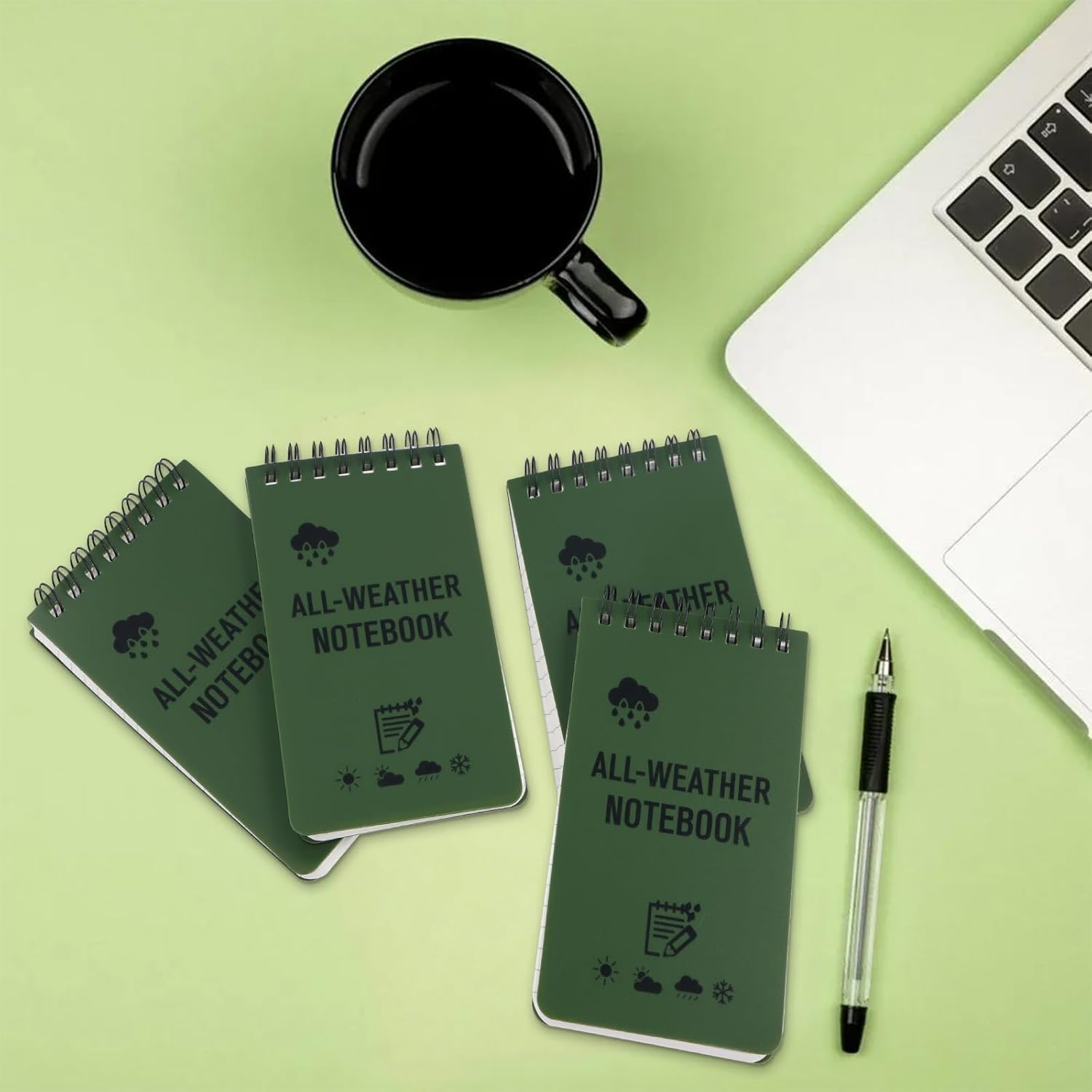 Aurafly 4 Packs 200 Sheets Waterproof Notebook, 3 X 5 Inches Pocket Notepads Portable Field Notes Reporters Notebook A7 Mini Spiral Notebooks for Outdoor Home Office School (Green) image number 1