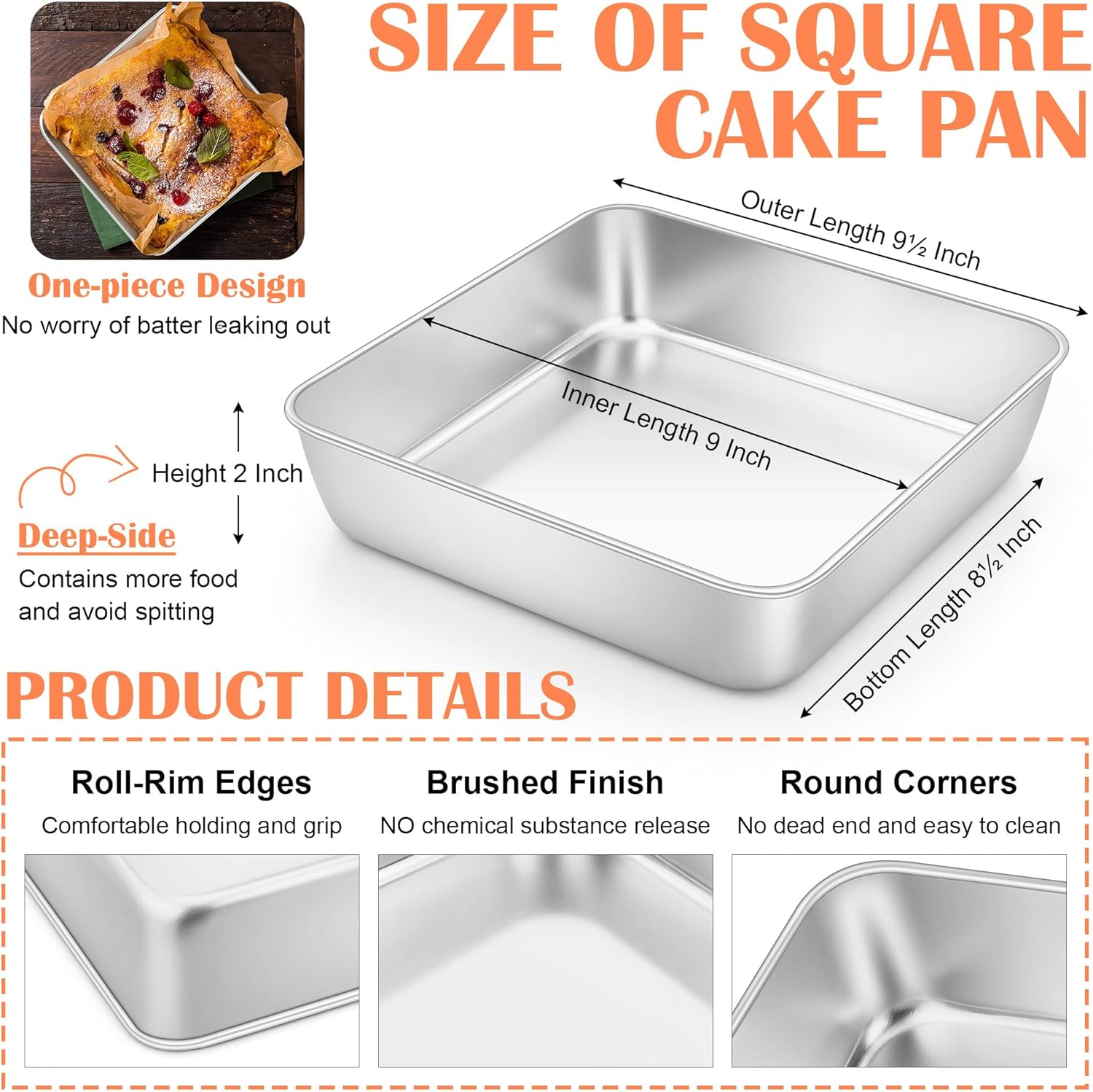 E-Far 9X9 Inch Square Cake Pan, Stainless Steel Baking Pan for Lasagna Brownies Casseroles, Silver Square Bakeware for Oven Cooking, Non-Toxic & Rust Free, Dishwasher Safe, 2 Inch Deep image number 4