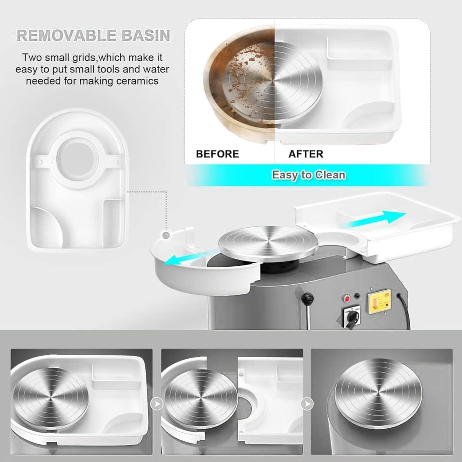 Pottery Wheel Machine, Pottery Machine Grey 350W Removable Tray Leakage Protection Stepless Speed Change with Foot Pedal for DIY (AU Plug 220V) image number 6