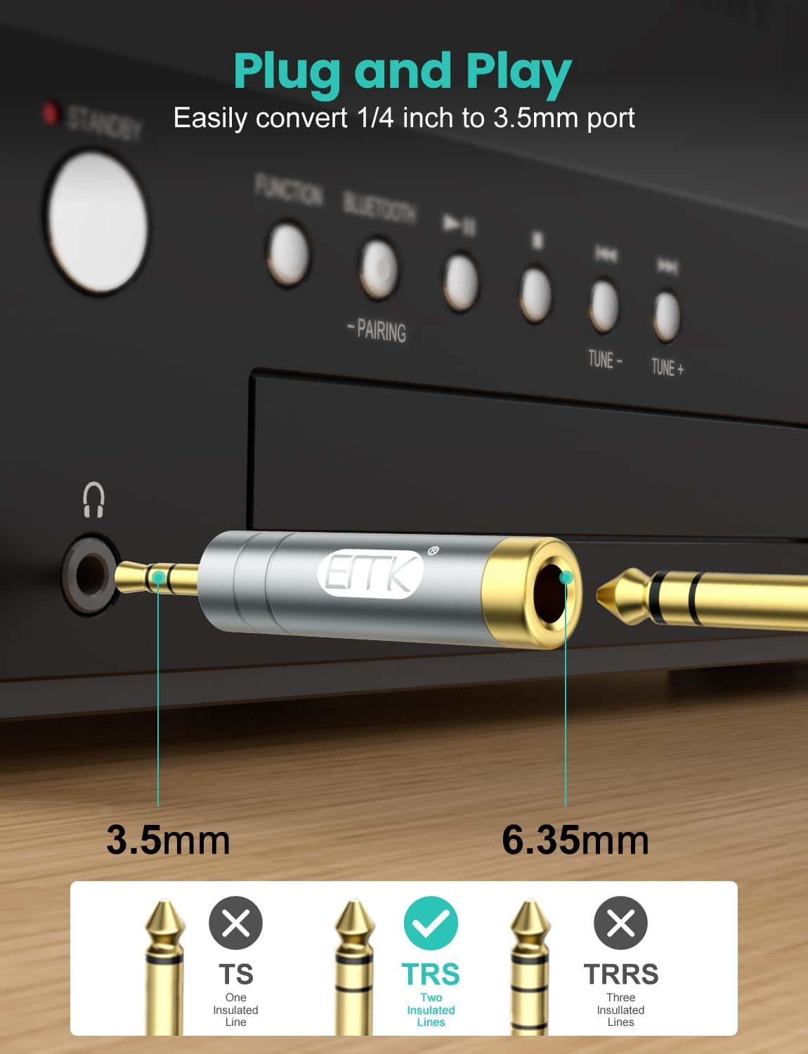 EMK 1/4'' to 3.5 Mm Stereo Pure Copper Headphone Adapter, 3.5 Mm(1/8'') Plug Male to 6.35 Mm (1/4'') Jack Female Stereo Adapter for Headphone, Amp Adapter, Black 2-Pack image number 5