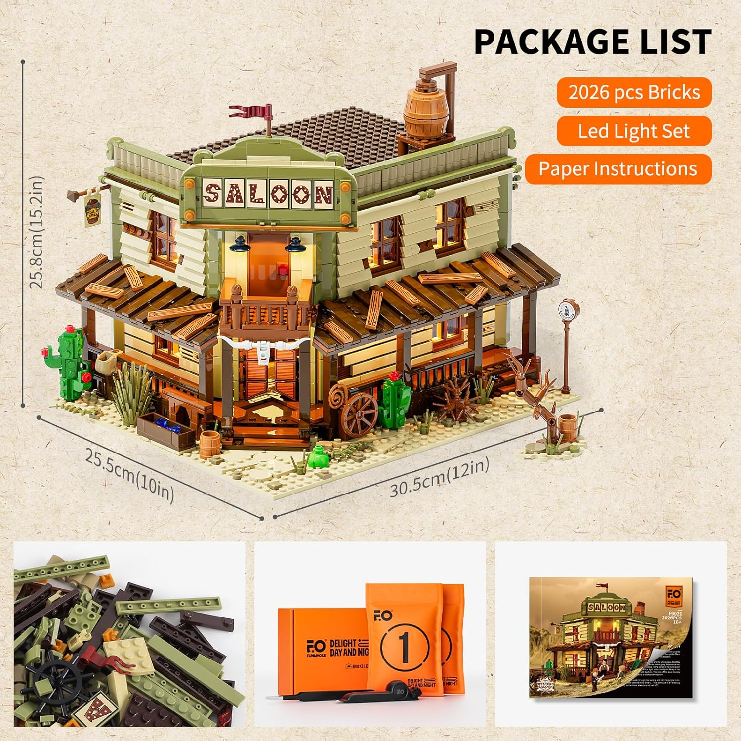 FUNWHOLE Western-Saloon Lighting Building-Bricks Set - the Old West Saloon LED Light Construction Building Model Set 2026 Pcs for Adults and Teen, F9021