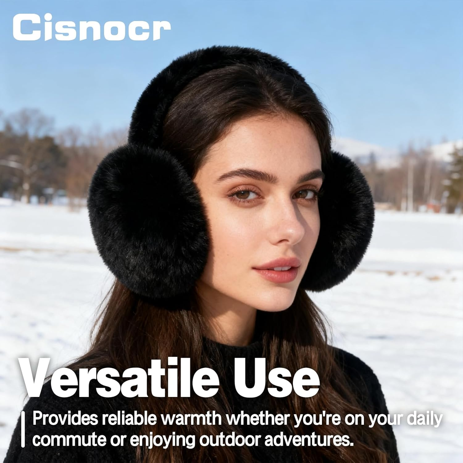 Cisnocr 2Pcs Earmuffs for Women Winter White Black Fur Earmuffs Foldable Ear Warmer Soft Ear Covers - Black+Cream image number 3
