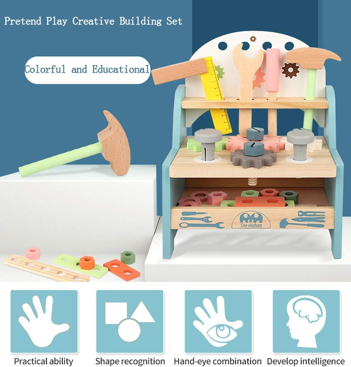 Tool Bench for Kids Toddlers, Xicen，Montessori Wooden Tool Workbench Set, Construction Workshop Pretend Play Toy 1 2 3 4 5 Years Old Boys image number 1