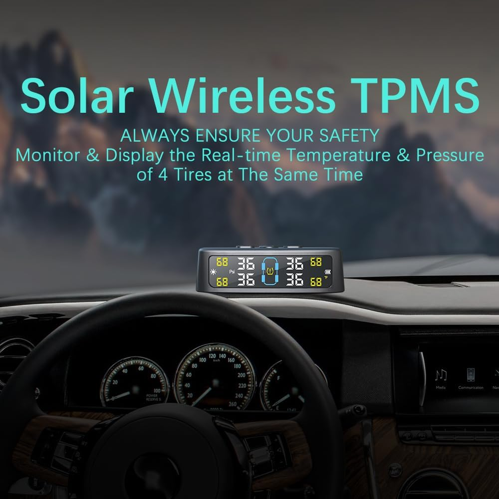 Tire Pressure Monitoring System, TPMS with Solar & USB Charge, Tire Pressure Monitor System with 4 External Sensors & 6 Alarm Modes, Color LCD Display TPMS with Auto Sleep for Car, Sedan, SUV, VAN, RV image number 4