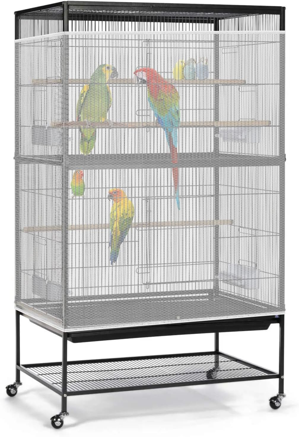 Bissap Bird Cage Seed Catcher, 90-118&lsquo;&rsquo; Universal Birdcage Net Nylon 31.8'' H Adjustable Elastic Band Stretchy Skirts Mesh Cover for Parrot Cage Seed Guard (Not Include Birdcage)- White image number 5