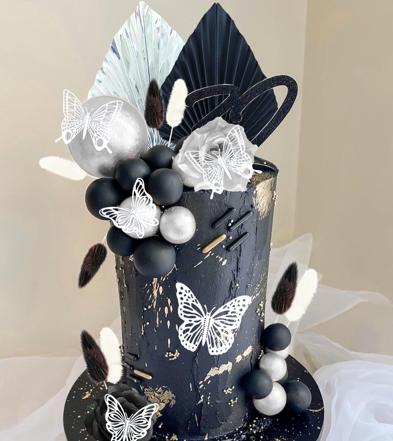 Jevenis Gothic Cake Decoration Black Rose Cake Topper Goth Butterfly Palm Leaves Punk Cake Decoration for Wedding Bridal Shower image number 2
