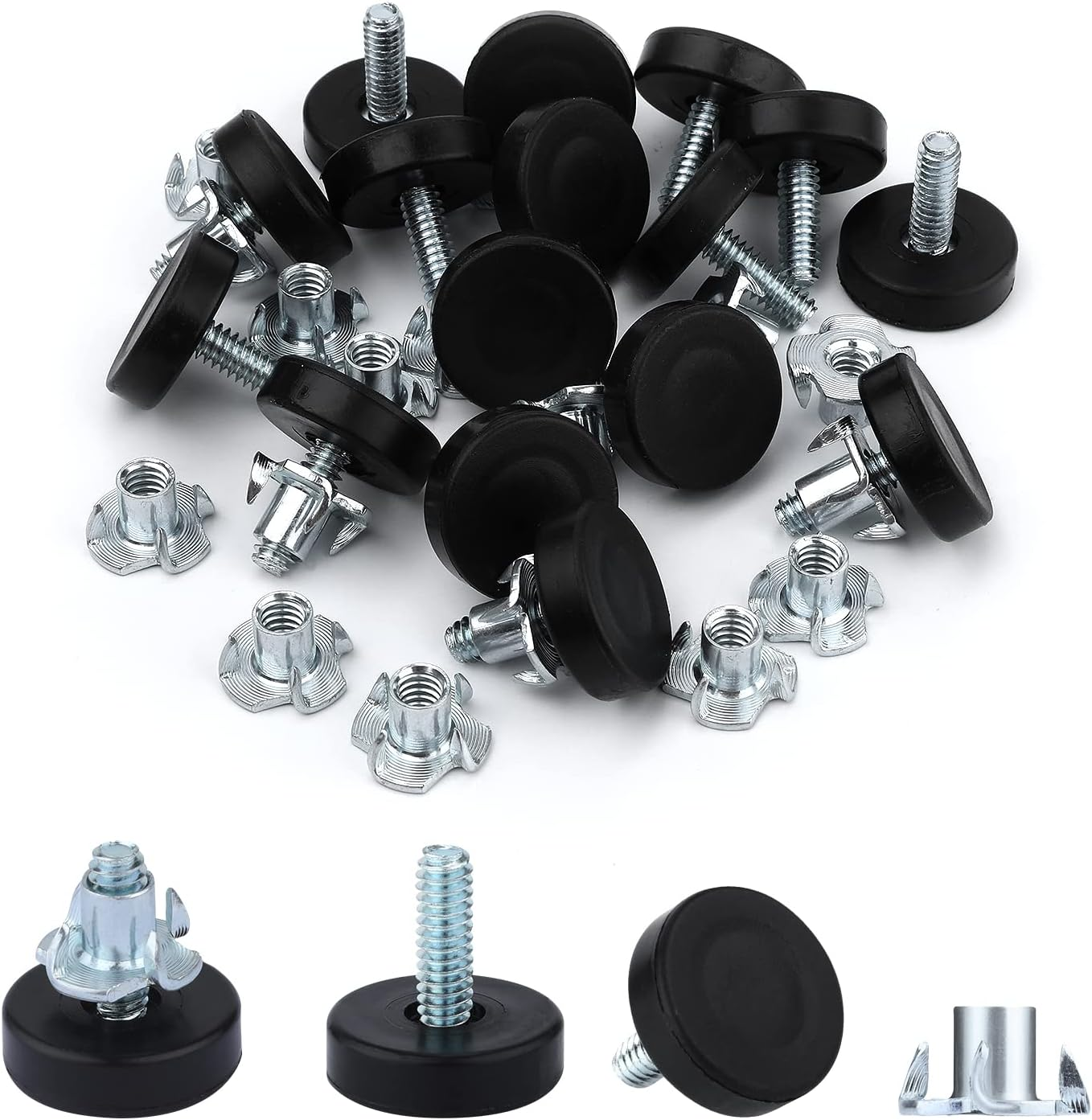 AIEX 1/4" Thread Outer Diameter Furniture Leveling Feet, Adjustable Furniture Levelers with T Nuts Screw in Feet for Furniture Cabinets Sofa Tables Chairs.（16Pcs） image number 1