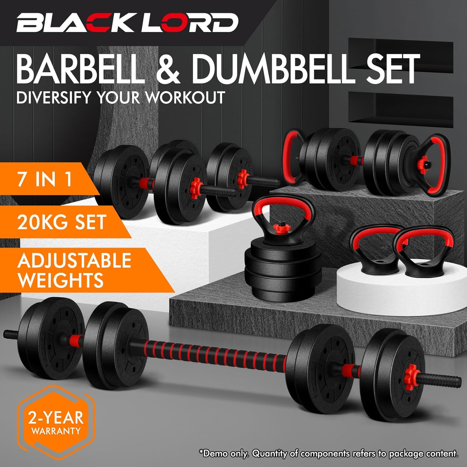 BLACK LORD Adjustable Dumbbell Set 20KG 7-In-1 Barbell Kettlebell Set Dumbbells Weight Plates for Home Gym Fitness Weightlifting Toning Exercise and Strength Training image number 6