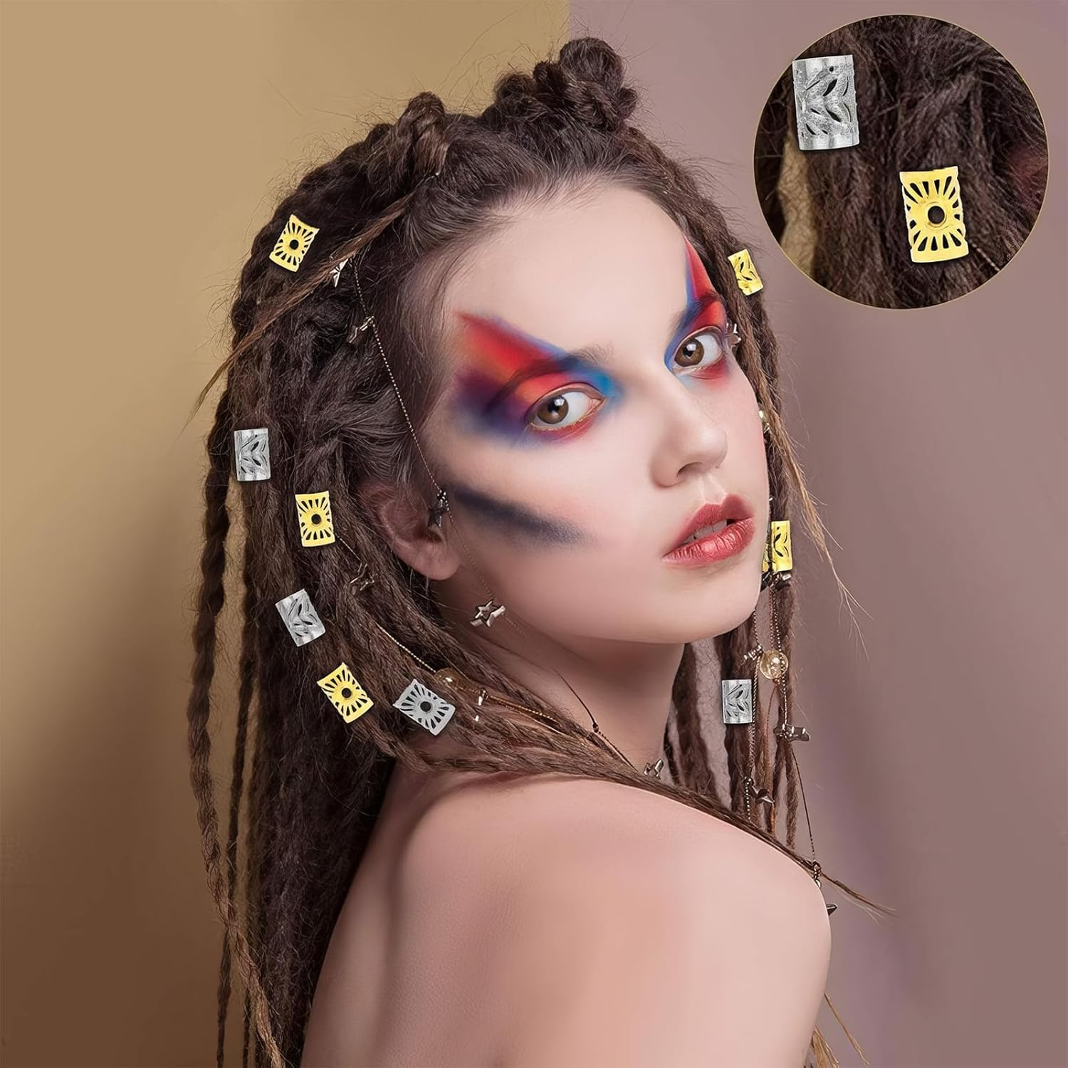 DHWEKU Pack of 50 Dreadlocks Jewellery, Adjustable Metal Cuffs, Hair Spiral Clips, Dreadlocks Beads, Braiding Hair Jewellery, Suitable for Men and Women, Coloured image number 3