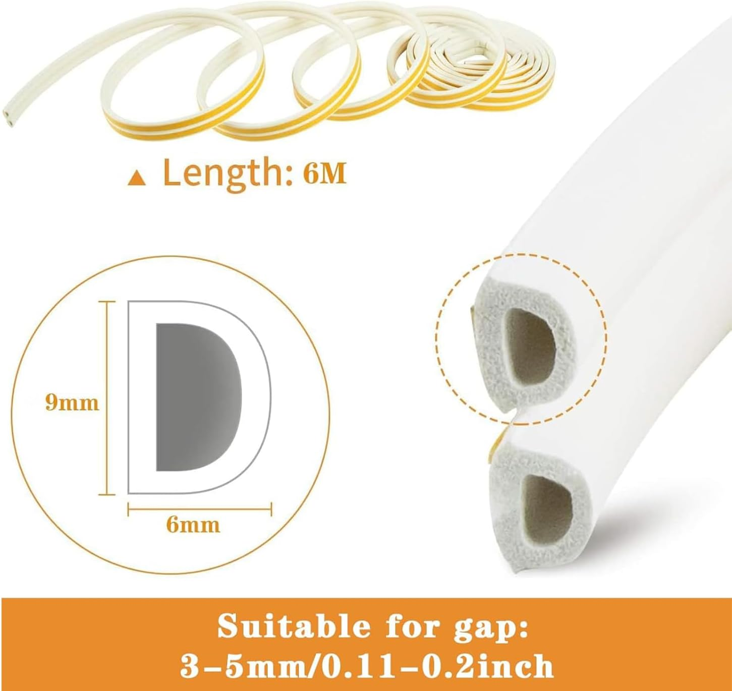 Weather Stripping Door Seal Strip, 20FT D-Type Self-Adhesive Foam Tape Soundproof & Weatherproof Insulation for Doors and Windows, Anti-Collision Rubber Seal Draft Stopper for Home (White) image number 2