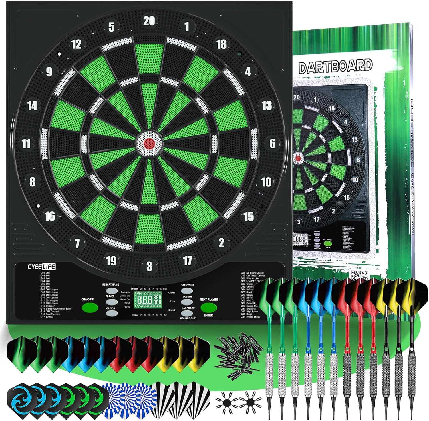 Cyeelife Electronic Dart Board,Soft Tip Dartboard Set,Digital Electric Dart Boards with LED,12 Darts 24 Flights 50 Tips 2 Flight Protectors Power Adapter,3 Language Changes,Up to 8 Players image number 2