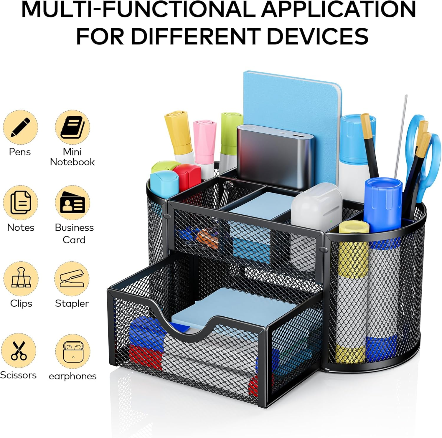 Auvo APH01 Mesh Desk Organizer with Drawers, Pen Holder and Desk Organizer, 9 Compartments for Office Supplies, Black image number 6