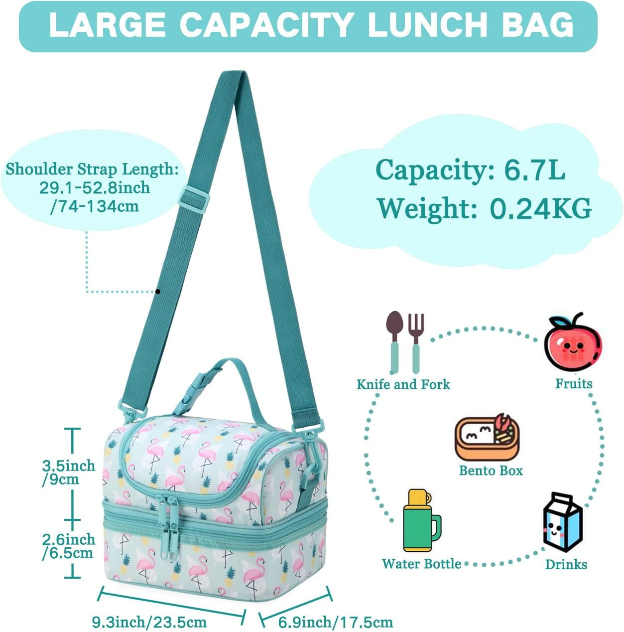 Lunch Box Bag Kids,Vaschy Insulated Two Compartments Cooler Bags Girls/Women W Shoulder Strap for School,Daycare,Kindergarten,Picnic Flamingo - Black image number 7