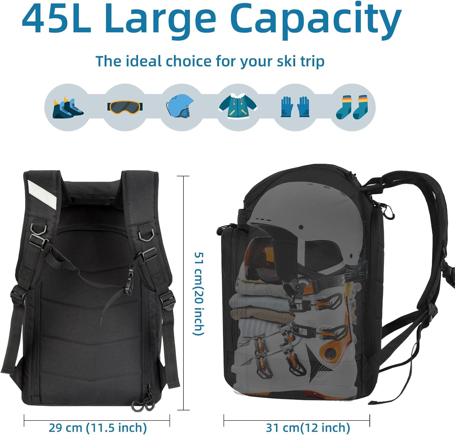 AUMTISC Ski Boot Bag Backpack, Padded Ski Boots and Helmet Bags for Flying Air Travel, Skiing Gear, Goggles, Gloves, Skis & Snowboard image number 1