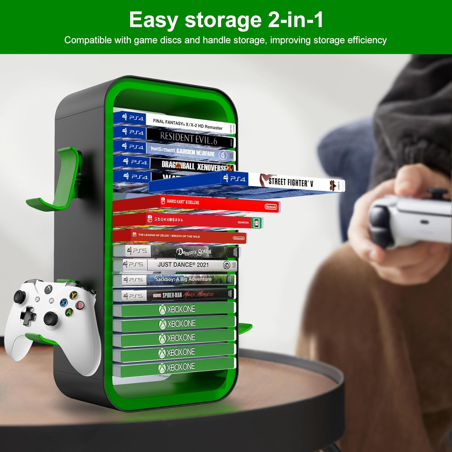 Oyo-1【40Cm】Game Storage Tower Compatible with PS5/ Xbox Series S & X/Switch, Universal Video Games Discs Organizers 18 PCS with 4 Controllers Holder, Game Disk Box Stand. (Black/Green) image number 4