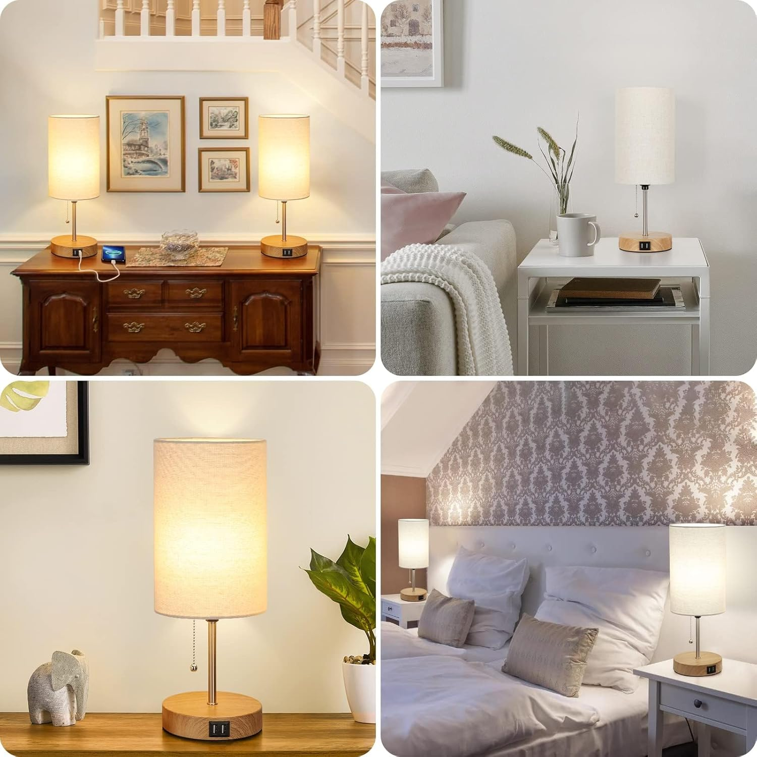 Table Lamps for Bedrooms, 2Pack Bedside Touch Lamp with Dual USB Charging Ports, Vintage 3 Way Dimmable Nightstand Lamps with Fabric Lampshade for Bedroom, Living Room image number 3