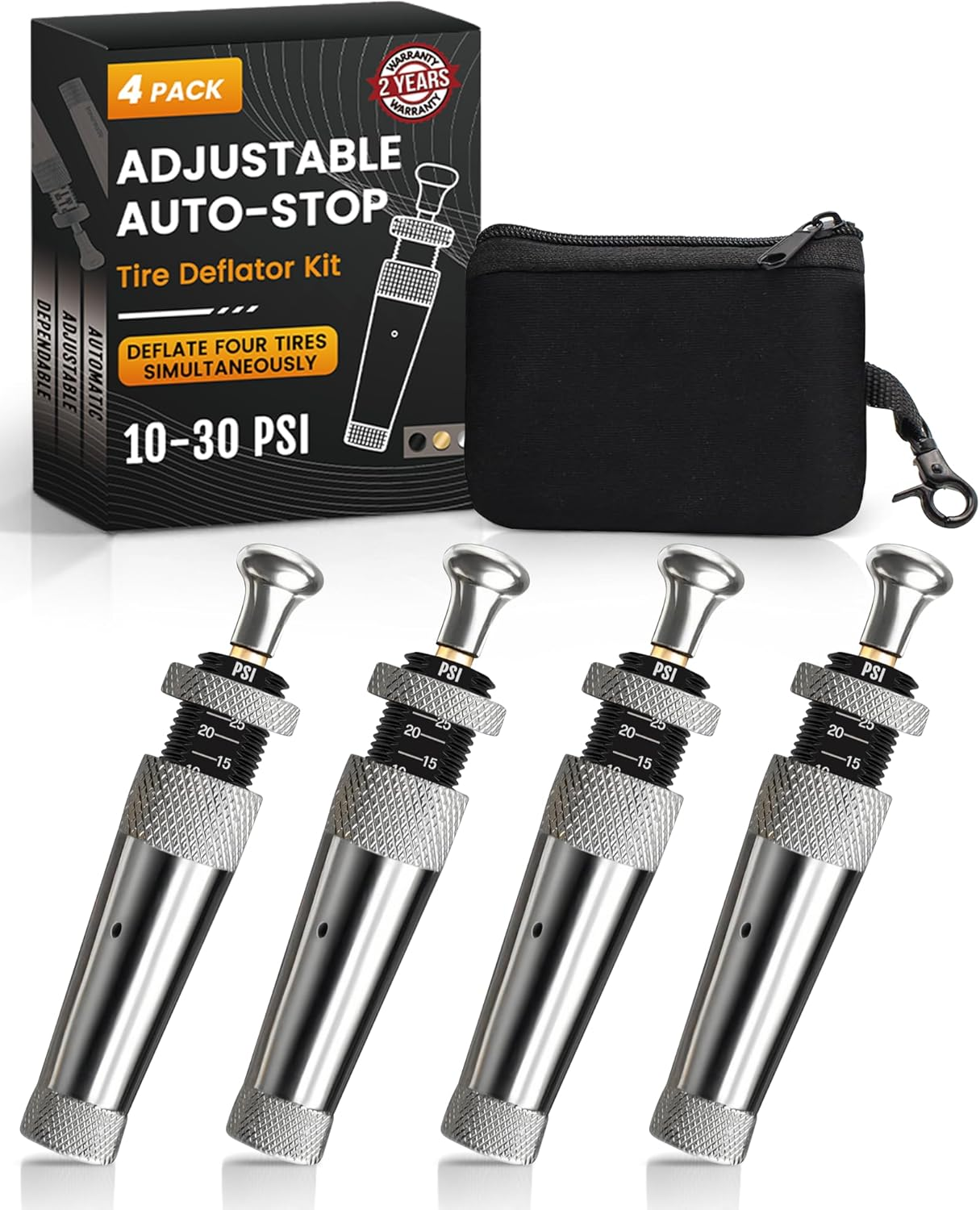 Adjustable Tire Deflator Kit 10-30Psi(4Pcs/Set),Auto-Stop Air down Tire Deflators Offroad Accessories Suit for Cars.Trucks