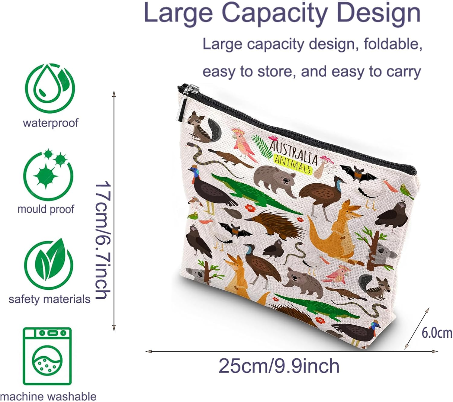 Australian Animals Cosmetic Bag Kangaroo Koala Lover Gift Platypus Crocodile Makeup Bag for Animal Lover (Animals Makeup Bag) image number 1