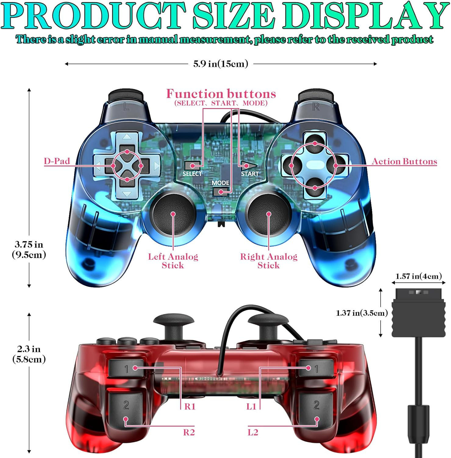 Wired Controller for PS2 Double Shock, 2 Pack Gamepad Remote Compatible with Play Station 2 (Clear Red and Clear Blue) - Clear Red And Clear Blue image number 5
