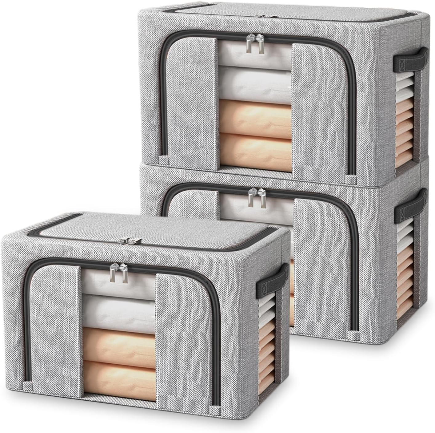 Resszo Pack of 3 Foldable Storage Boxes, 24 L Cupboard Organiser for Clothes Storage & Organisation, with Metal Frame and Zip, Suitable for Duvets, Blankets and Clothes - Grey image number 2