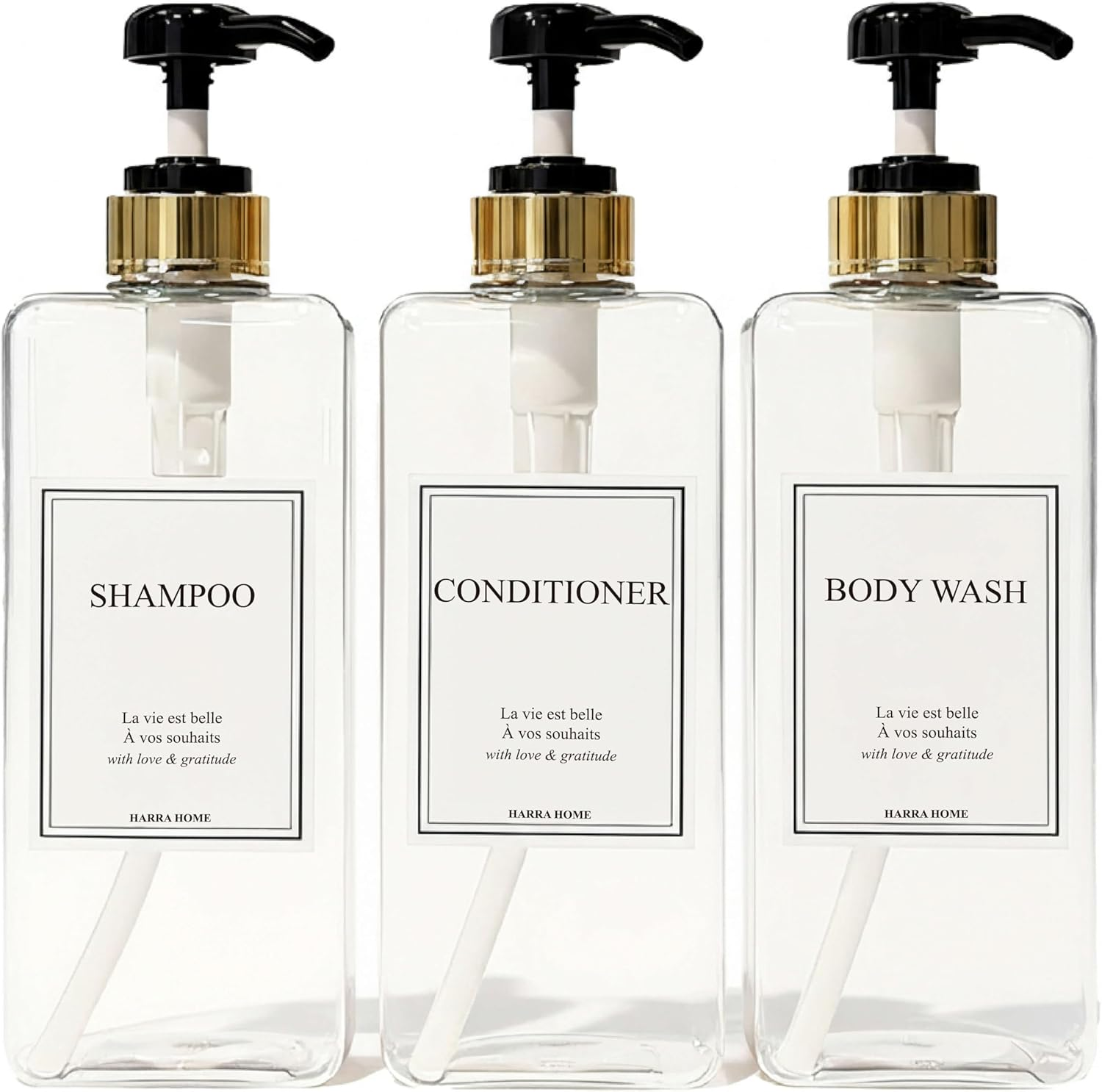 Modern Gold Design Shampoo and Conditioner Dispenser, Large 27Oz Shower Soap Dispenser, Set of 3 Refillable Empty Plastic Pump Bottles for Bathroom (6 Waterproof Labels Included), (Clear & Black)