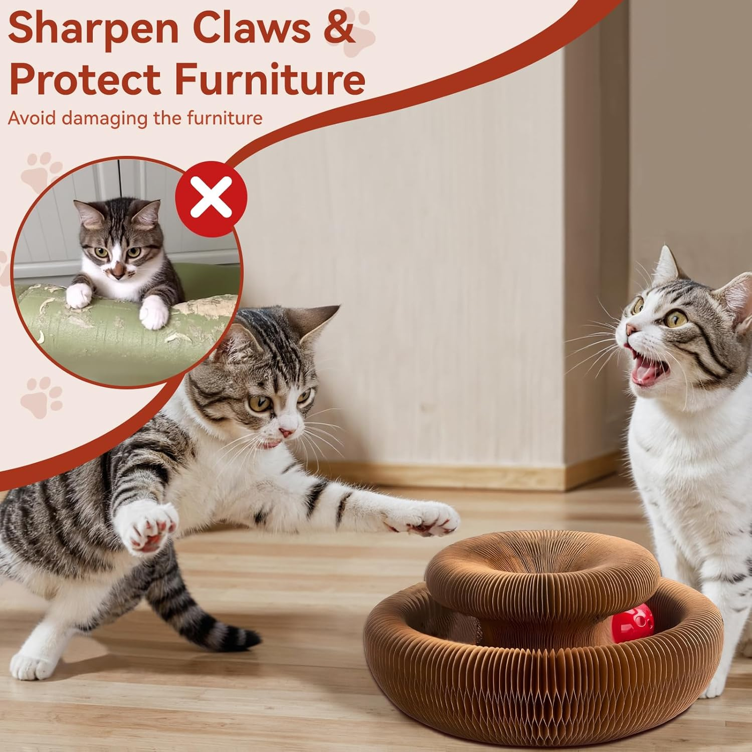 LOVELEDI Cat Scratcher Toy - Kitty Kurlz Cat Scratching Board Toy with a Cat Ball Adventure, Foldable Scratch Pad Cat Accordion Toy for Mental Physical Exercise, Fun Interactive Indoor Cat Toys image number 3