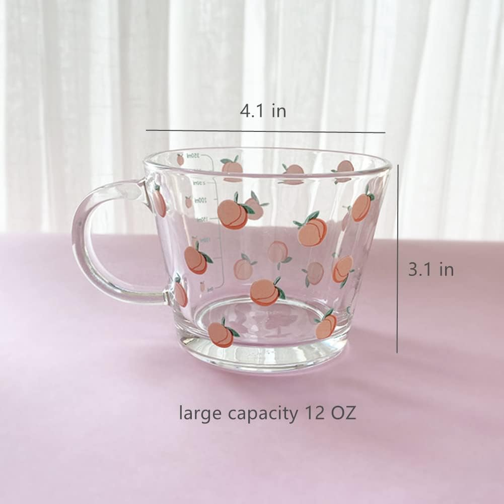 12 OZ Kawaii Mug Peach Glass Cup with Measurements,Glass Coffee Mug Cup with Handle for Coffee,Latte,Juice,Milk,Yogurt,Dessert,Tea,Breakfast Oatmeal Cup - Blue 1 image number 3