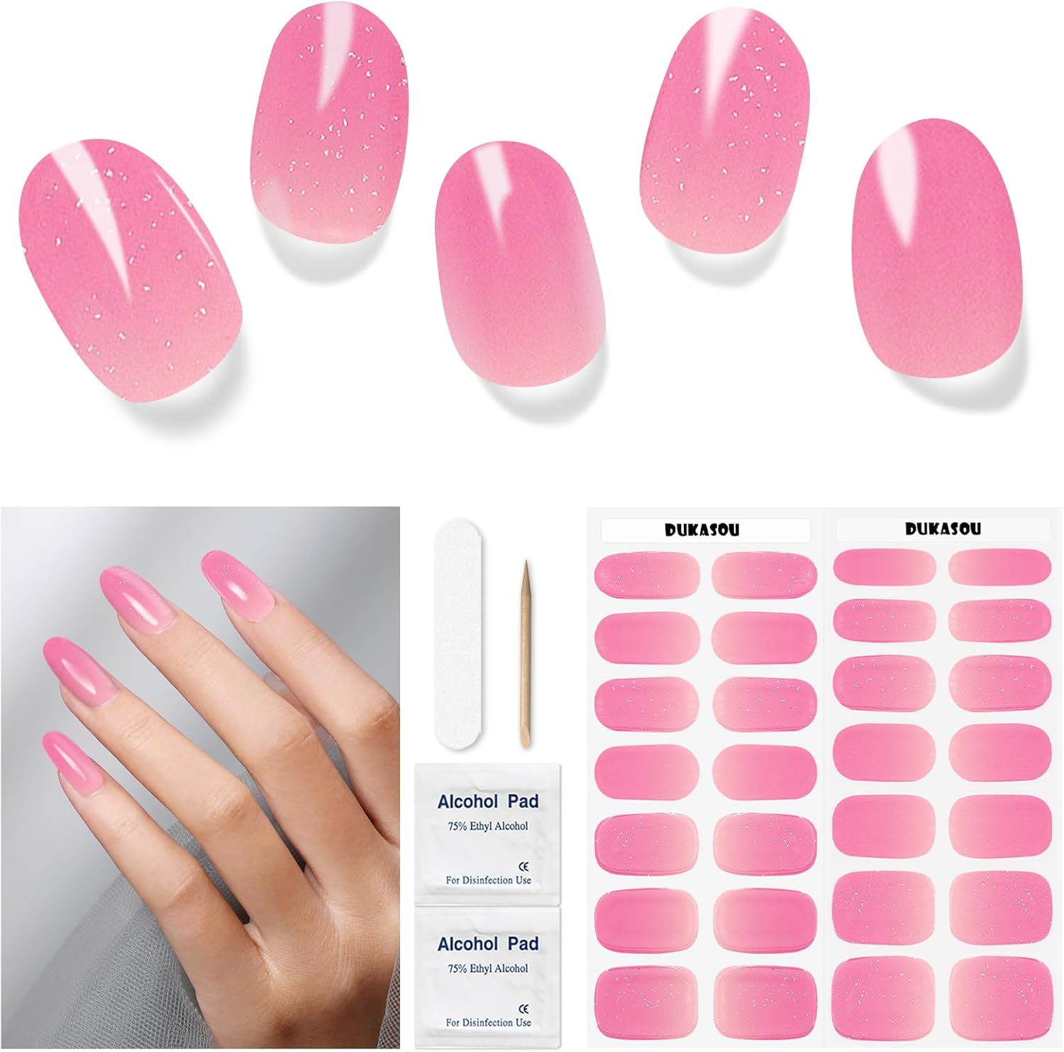 Semi Cured Gel Nail Strips - 28 Pcs Work with Any UV Lamp, Long Lasting Art Stickers, Salon Quality, Easy to Apply (Shiny Pink)