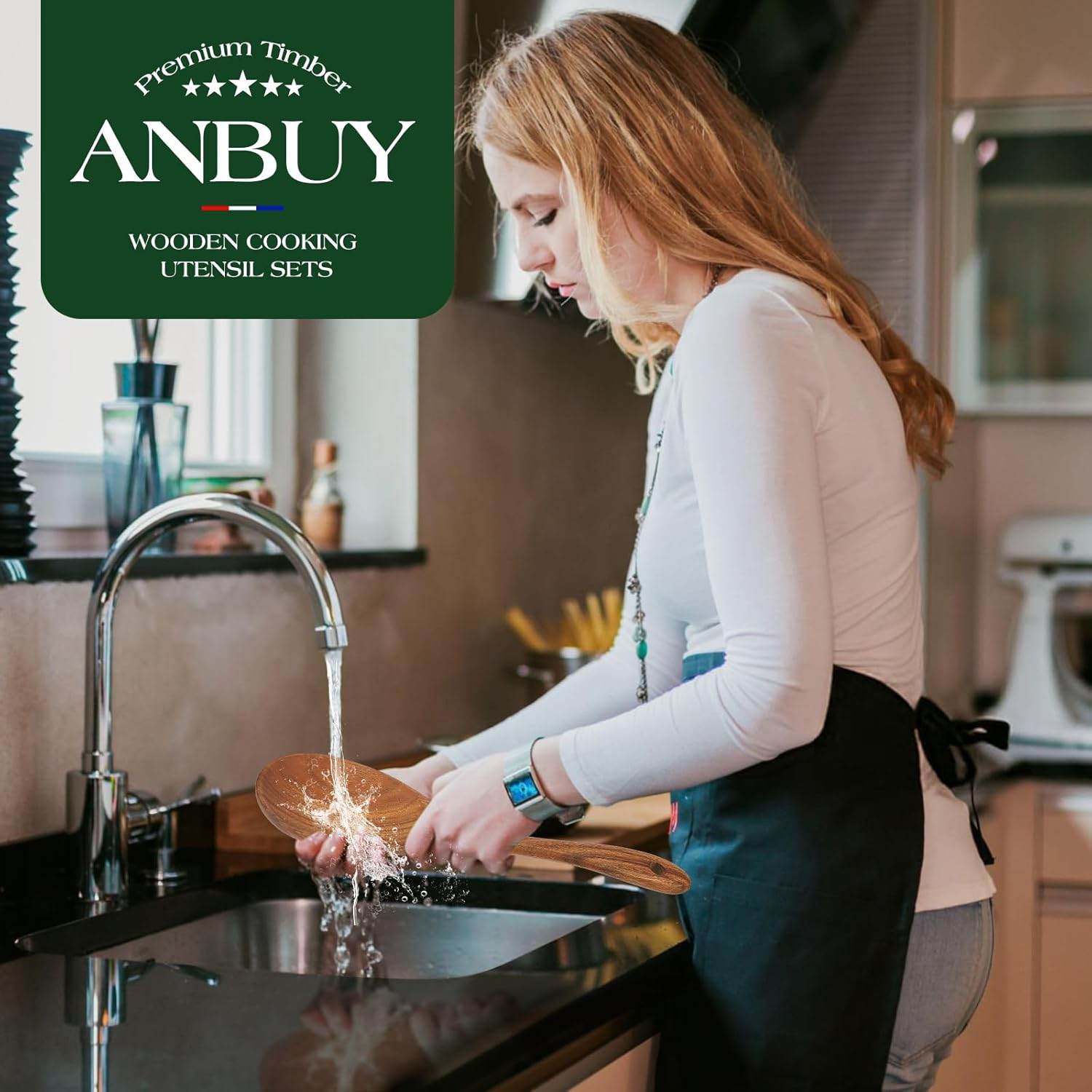 Teak Wooden Kitchen Utensil Set - Non-Toxic Wood Cooking Utensils, Wood Utensils, Wooden Utensil Set (10PCS), Heat-Resistant for Home Kitchen image number 1