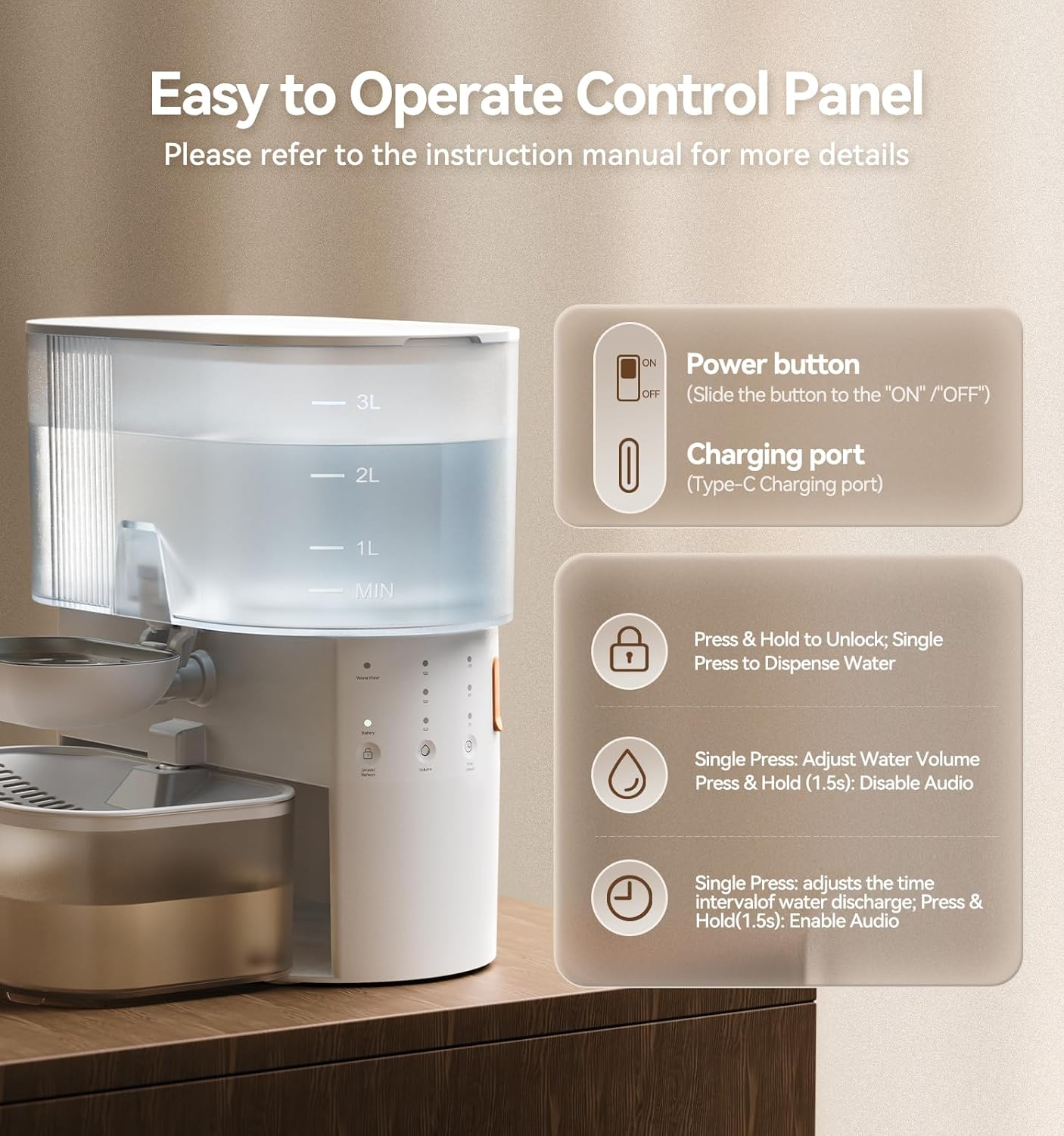 Wireless Cat Water Fountain No Filters, Wastewater Separation, FEELNEEDY Stainless Steel Bowl, 3.5L Pet Water Fountain for Cats & Dogs Dispenser, White image number 3