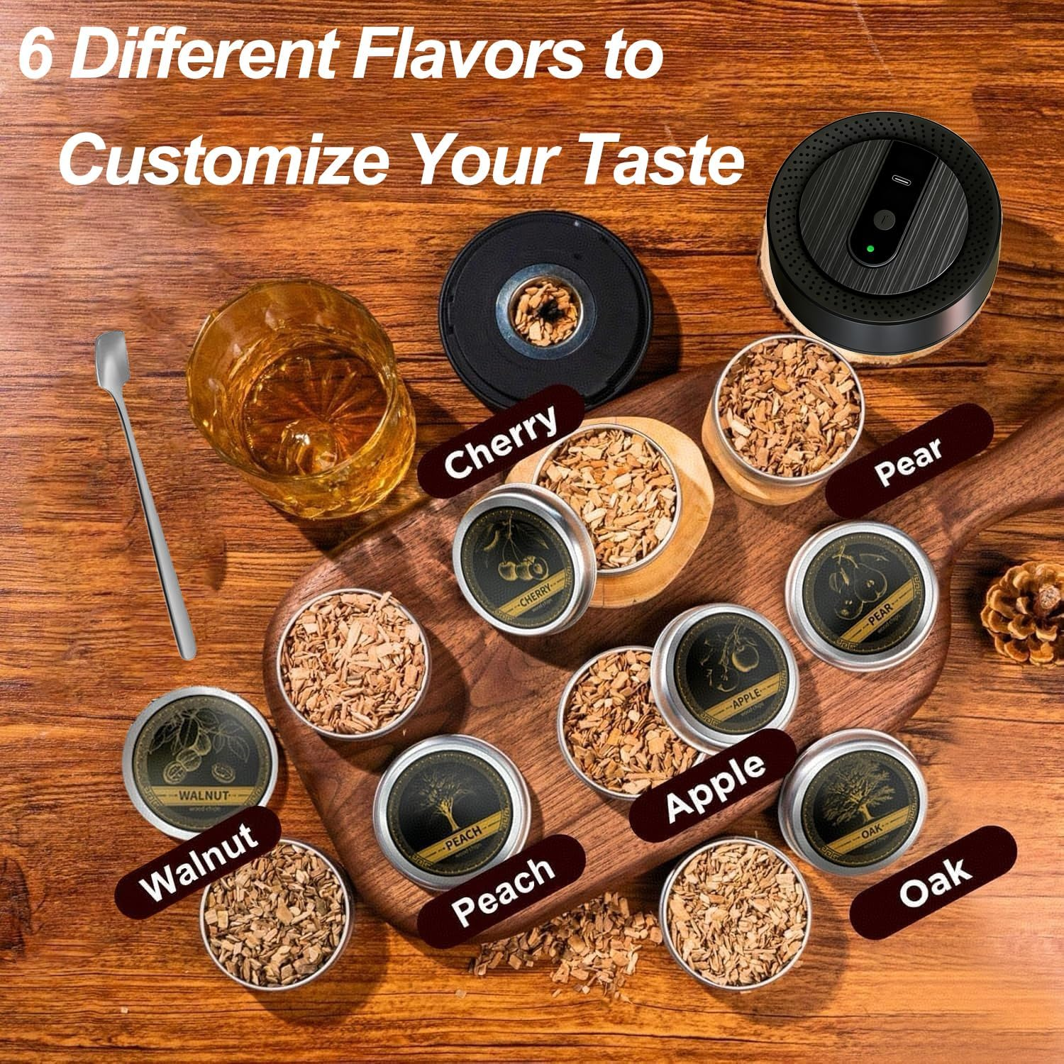 Electric Whiskey Smoker Kit Built-In Lighter,Electric Cocktail Smoker Kit with 6 Flavors Wood Chips,Rechargeable Drink Smoker Kit,No Butane Needed,Bourbon Whiskey Gifts for Men,Dad,Husband Birthday image number 3