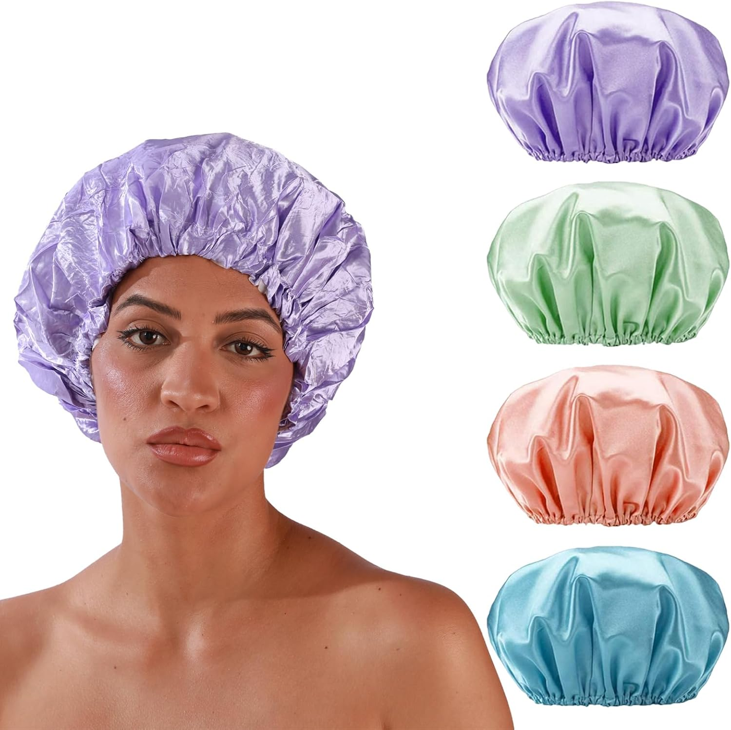 Weidllys Bath Shower Caps for Women Reusable Waterproof, 4 PCS Double Layers Shower Hair Cap, Elastic and Reusable Hair Cap, Environmental Protection Bathing Hat for Women image number 1