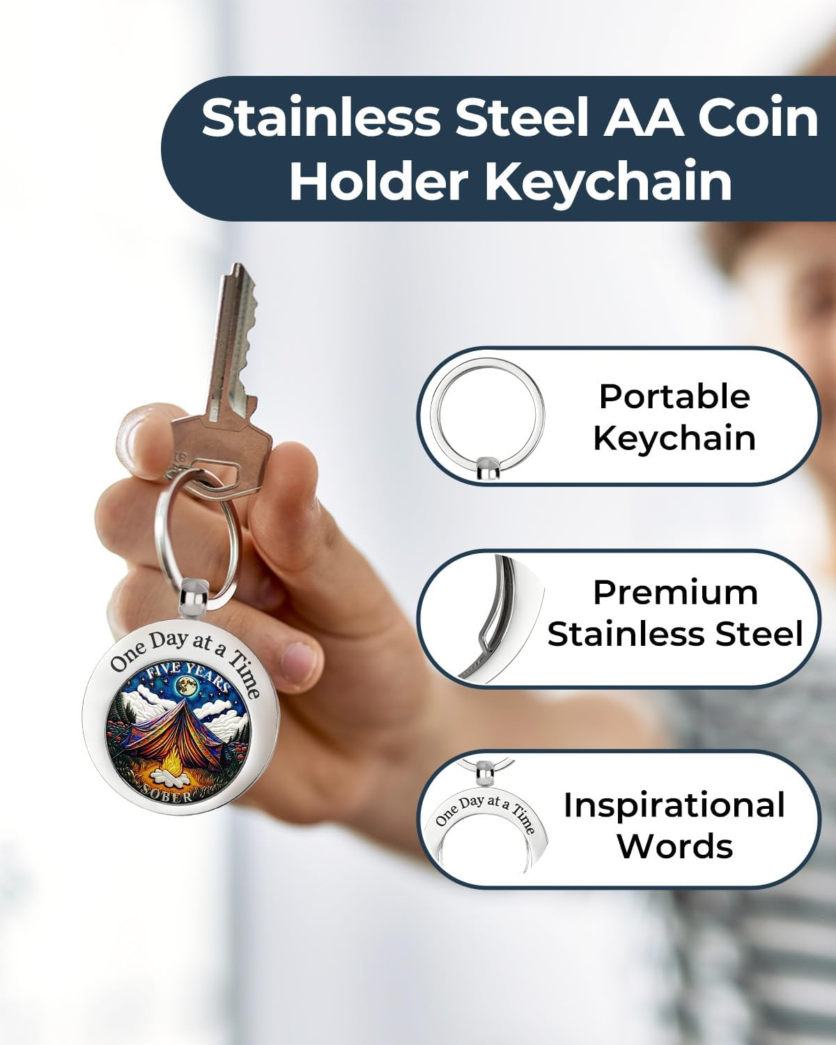 CHURYUML AA Coin Holder Keychain - Stainless Steel Double-Sided Keychain for Sobriety Chip AA Medallions - 8 Unique Styles image number 3