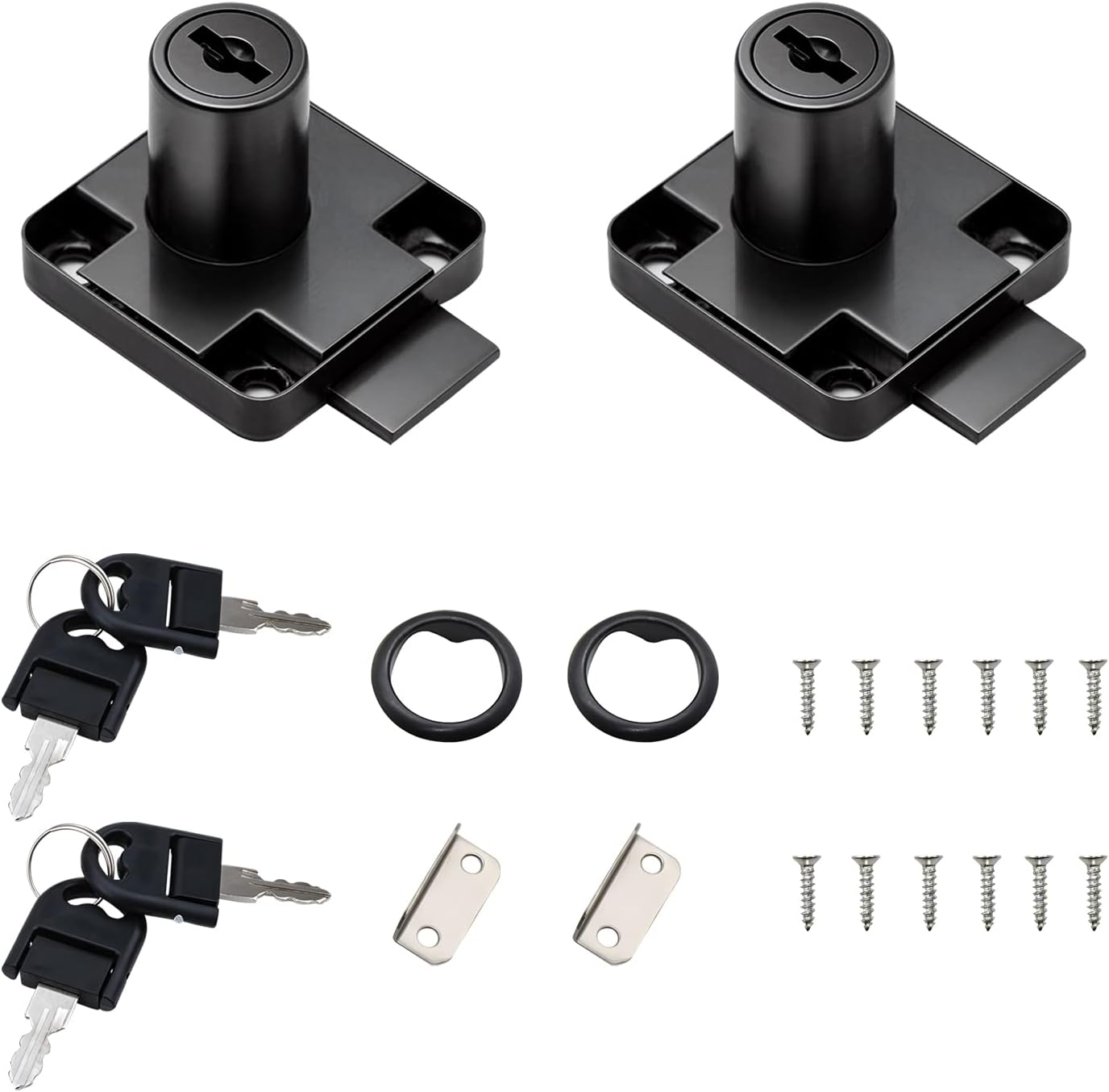 GZGXKJ 2 Pack Black Cupboard Office Drawer Cam Lock Filing Cabinet Lock with 2 Keys Square Base Screw Fixed Furniture Security Lock for Furniture Door Household Mailbox Glass Showcase