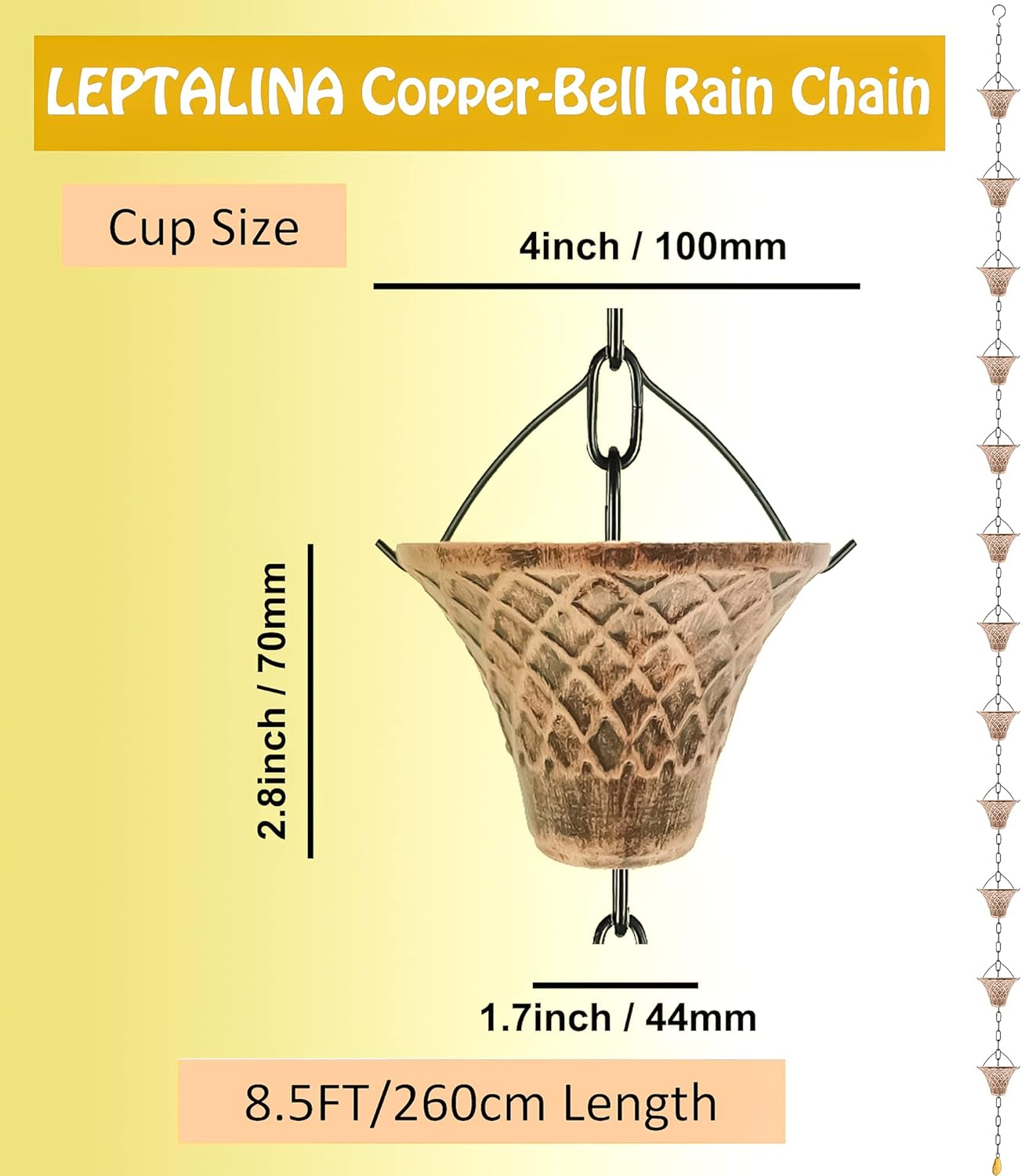 LEPTALINA 8.5FT Antique Copper Colored Iron Rain Chains for Gutter and Rain Barrel | Rust-Resistant Plated Garden D&eacute;cor Rain Chain for Downspout | Bonus Rain Chain Gutter Adapter image number 4