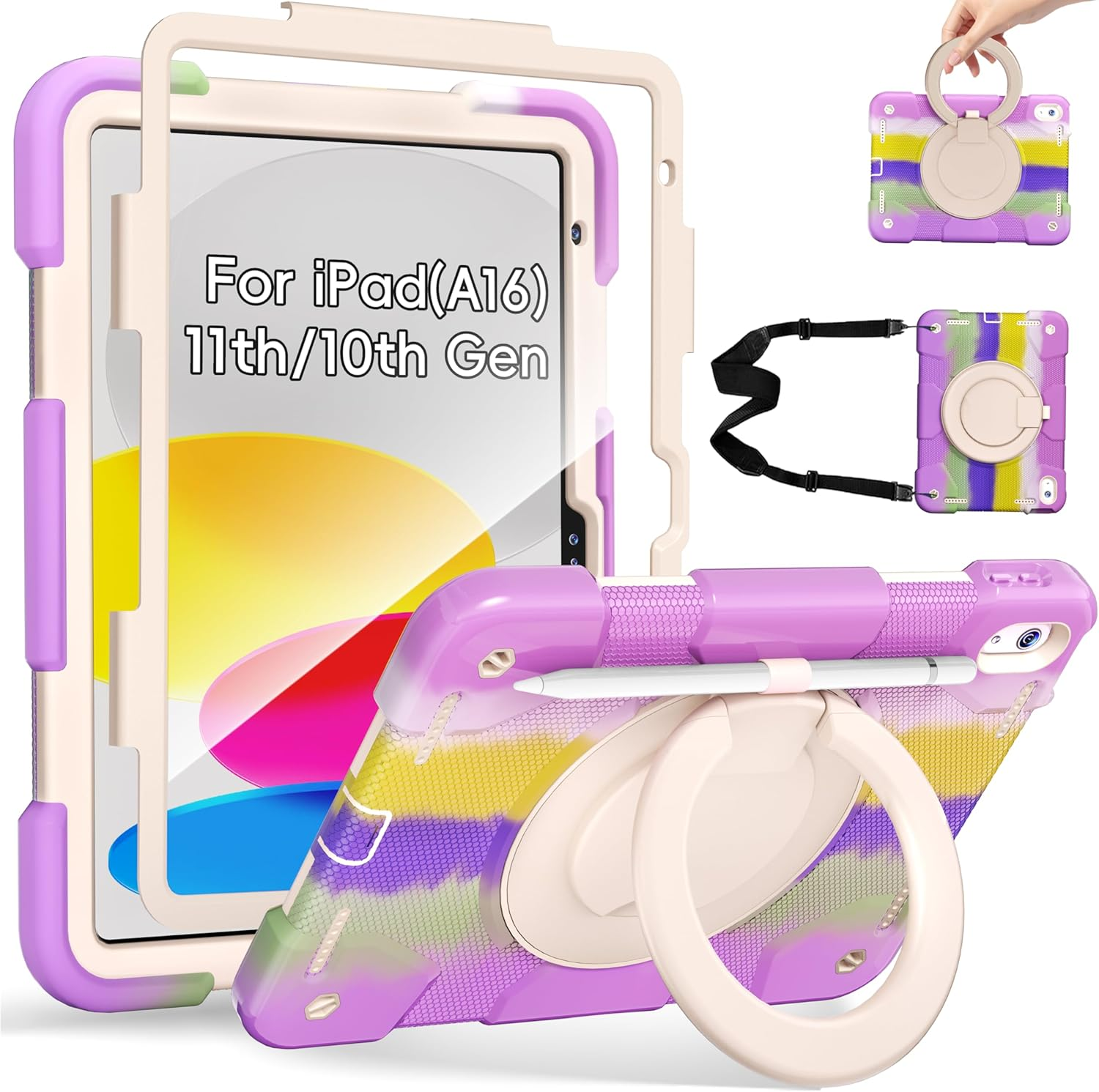 Case for Ipad (A16) 11Th Generation 11 Inch 2025/10Th Generation 10.9 Inch 2022, Heavy Duty Shockproof Cover with 360&deg; Rotating Handle/Bracket/Pen Holder/Shoulder Strap, Blue+Green