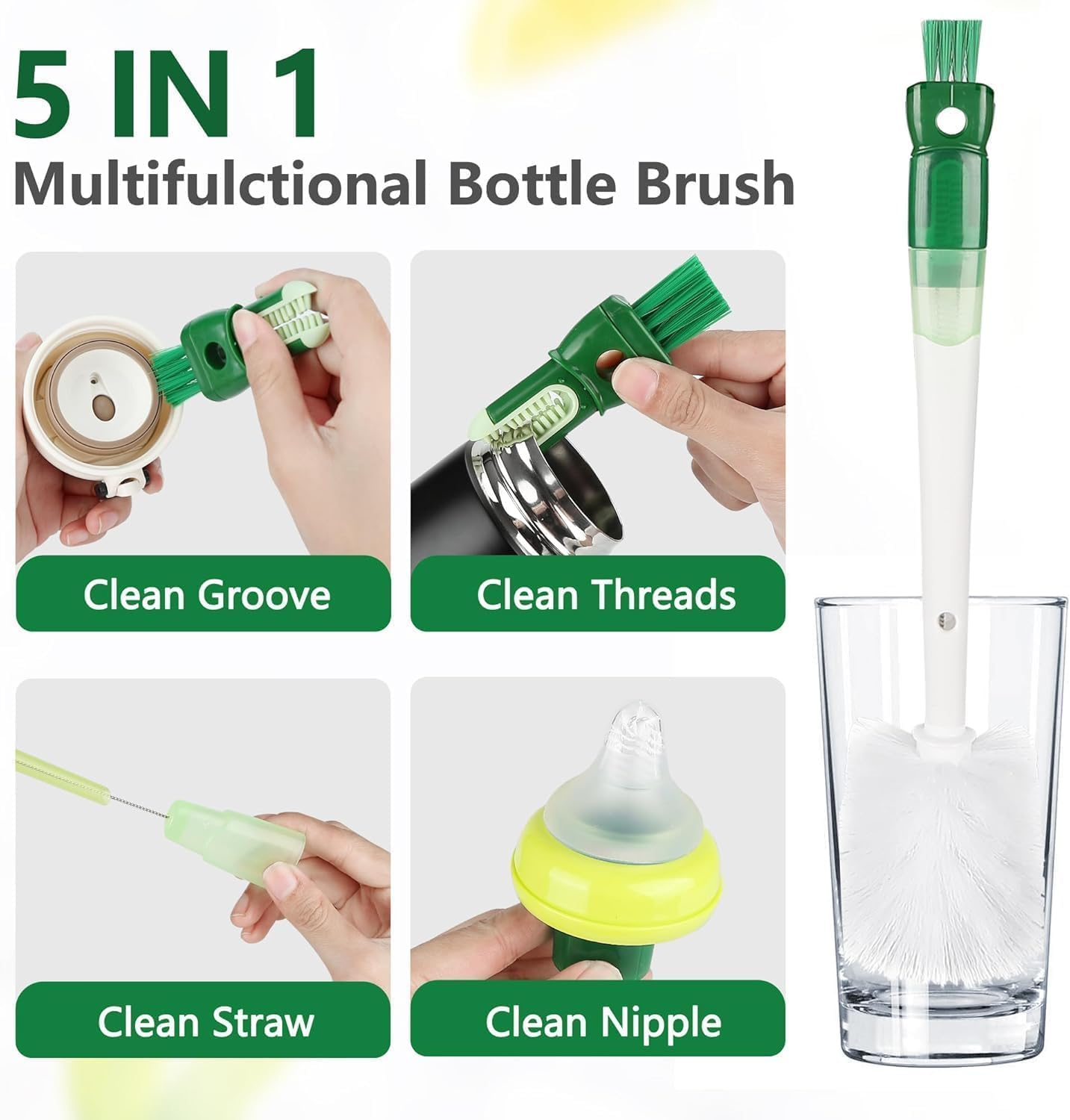 2Pcs 5-In-1 Water Bottle Cleaner Brush,Multipurpose Detachable Cleaner Brush for Cleaning Cup Lid Edge Gap and Straw(Green+Orange) image number 3