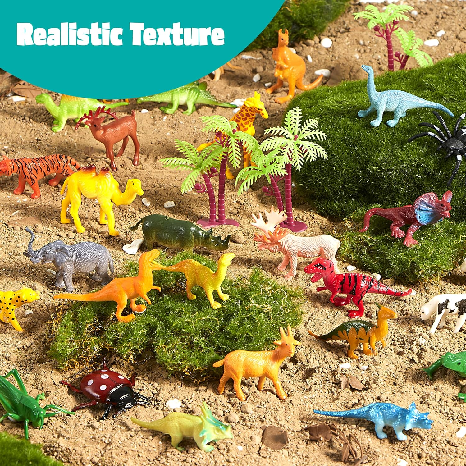 JOYIN 69 Pcs Small Animal Figures, Mini Jungle Toy Set with Sensory Bin, Realistic Wild Forest Playset, Zoo, Ocean, Farm Animals Figurines, Dinosaur Party Favors, Gifts for Boys and Girls, Kids 3-5 image number 3