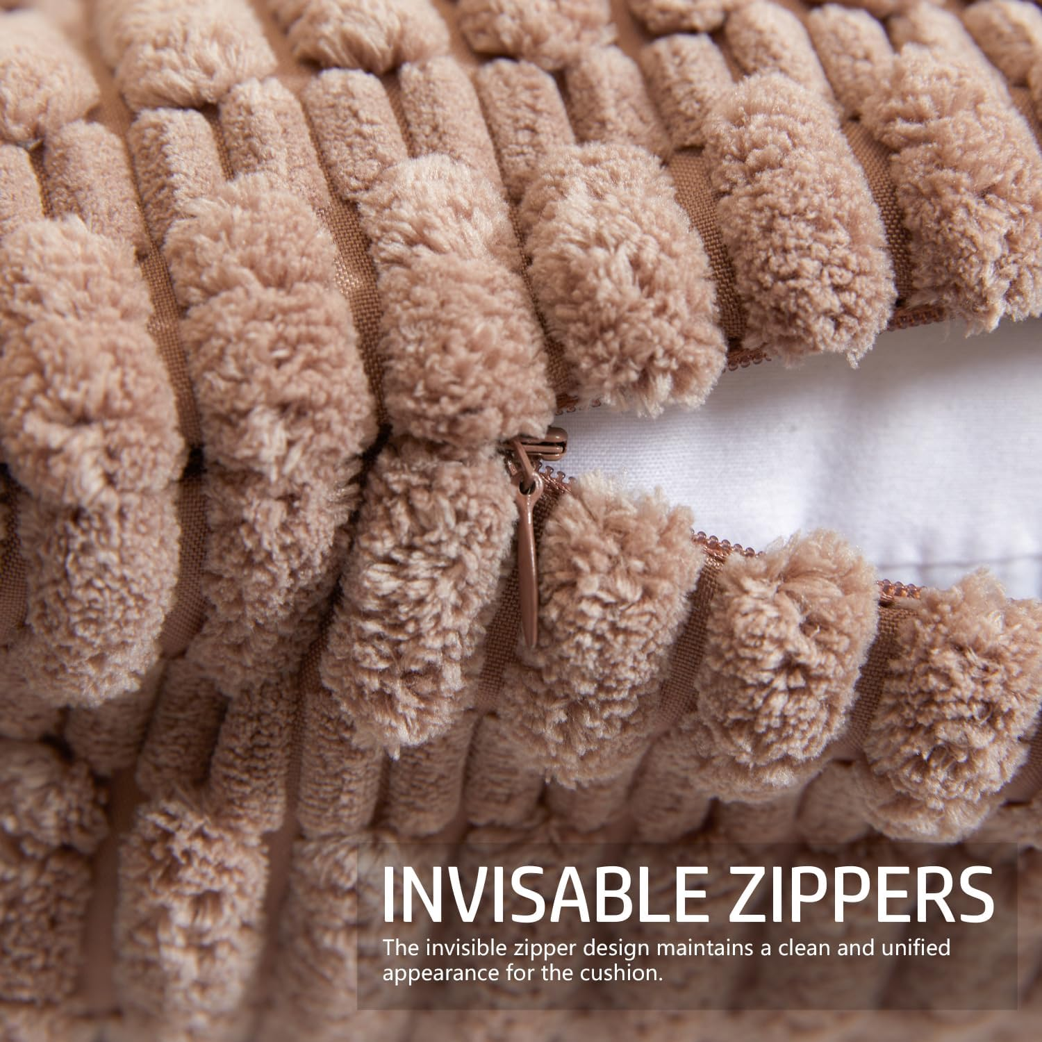 Pack of 2 Corduroy Decorative Throw Pillow Covers 18X18 Inch, Soft Neutral Couch Pillow Covers Boho Plush Striped Cushion Cases Rustic Farmhouse Home Decor for Sofa Bedroom Living Room Couch Balcony