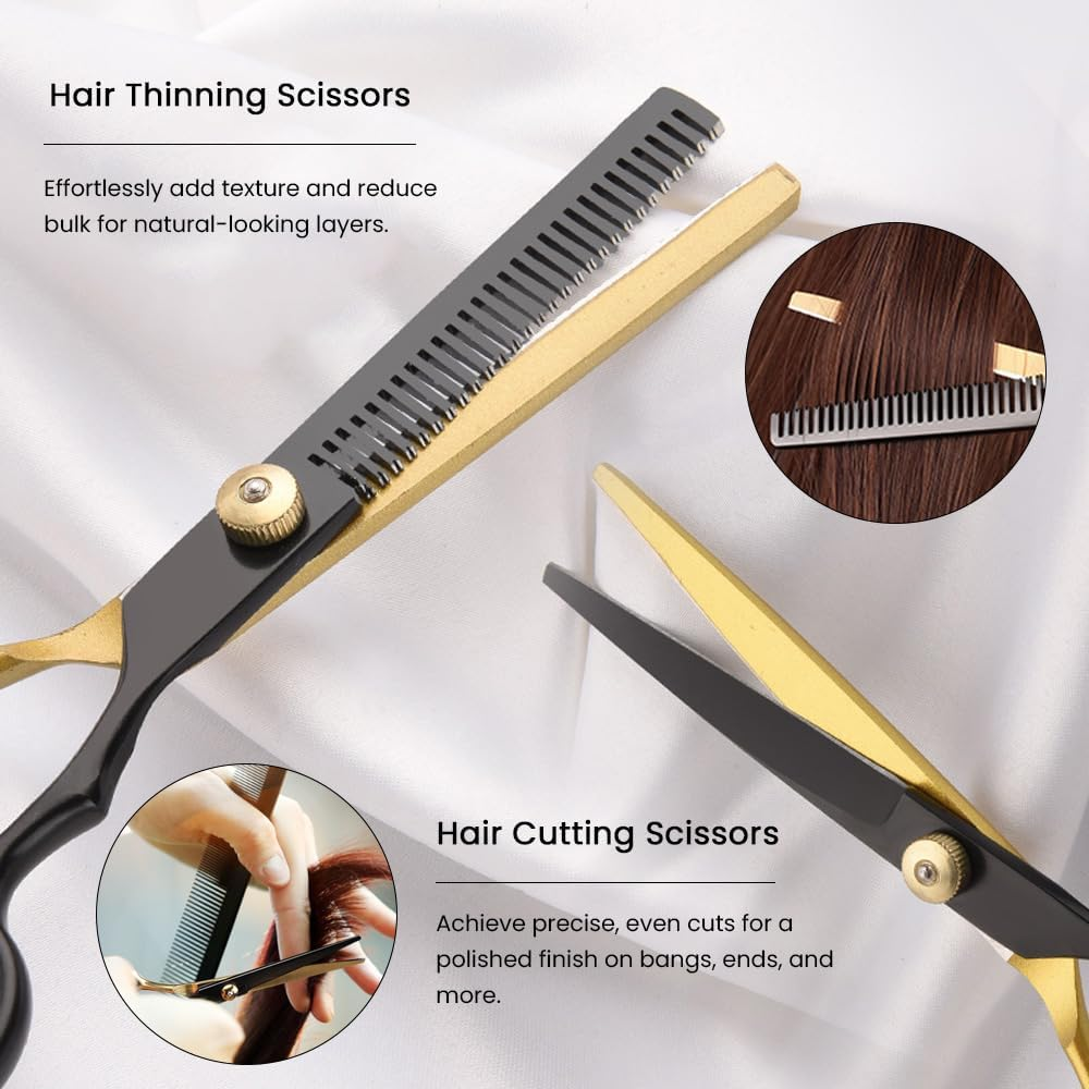 9 PCS Hair Cutting Scissors Kit,Barber Scissors with Black Gold Finish,Stainless Steel Hair Cutting Shears Set in Leather Case for Women Men Pet,Barber Salon and Home image number 4