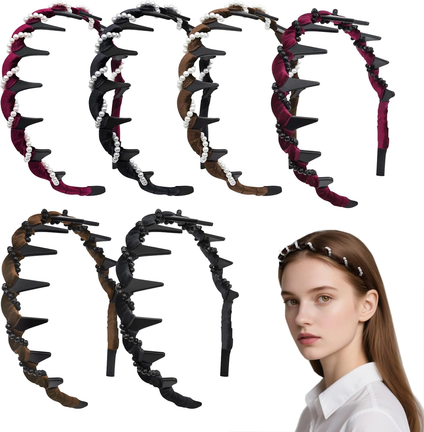 Vintage High Cranium Zigzag Headband Women'S 2025 New, Pack of 6 Vintage Pearl Black Diamond Headband Amen Elegant High Double-Sided Design Headband for Girls and Women image number 1