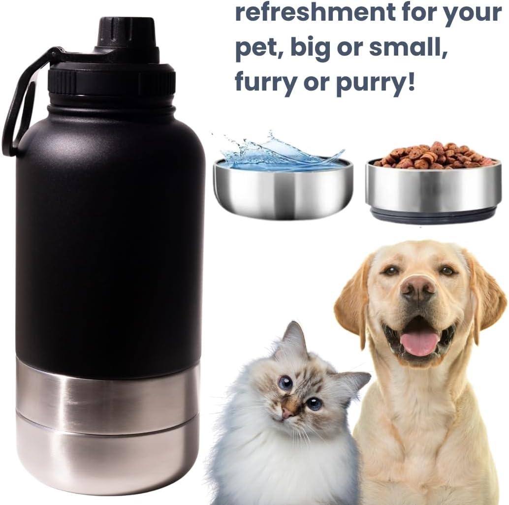 2-In-1 Dog Water Bottle & Food Dispenser, Insulated Stainless Steel Travel Bottle with Built-In Bowl, Portable Pet Hydration for Hiking & Outdoors (Black)